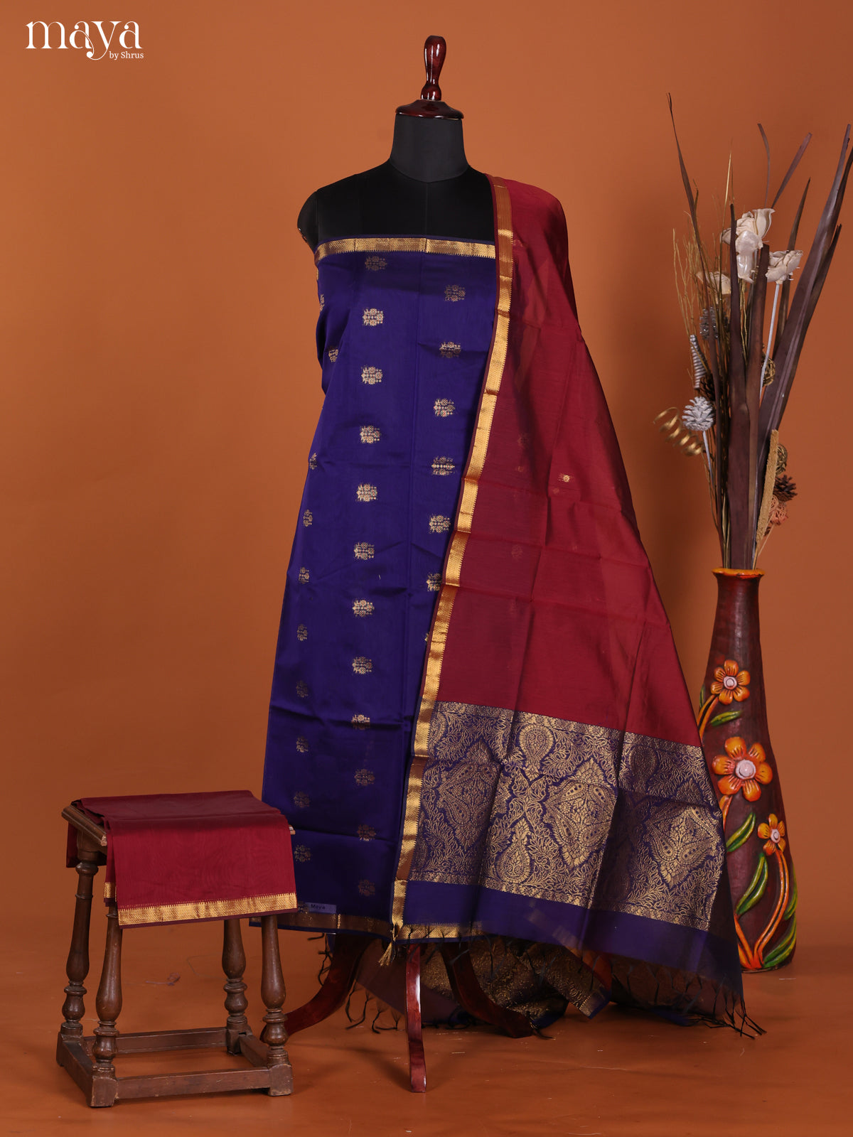 Blue & Maroon-Semi silkcotton salwar unstitch