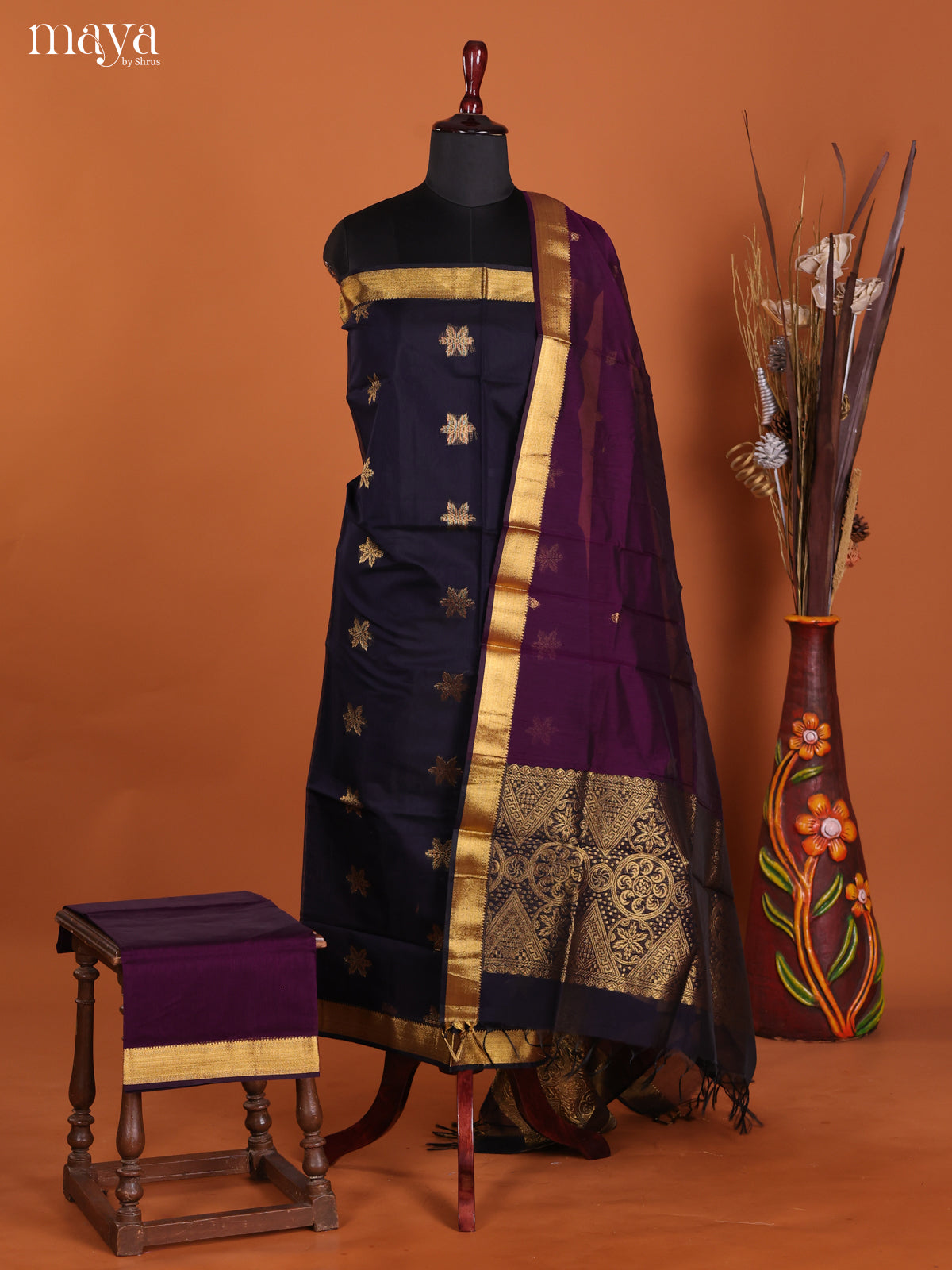 Blue & violet-Semi silkcotton salwar unstitch