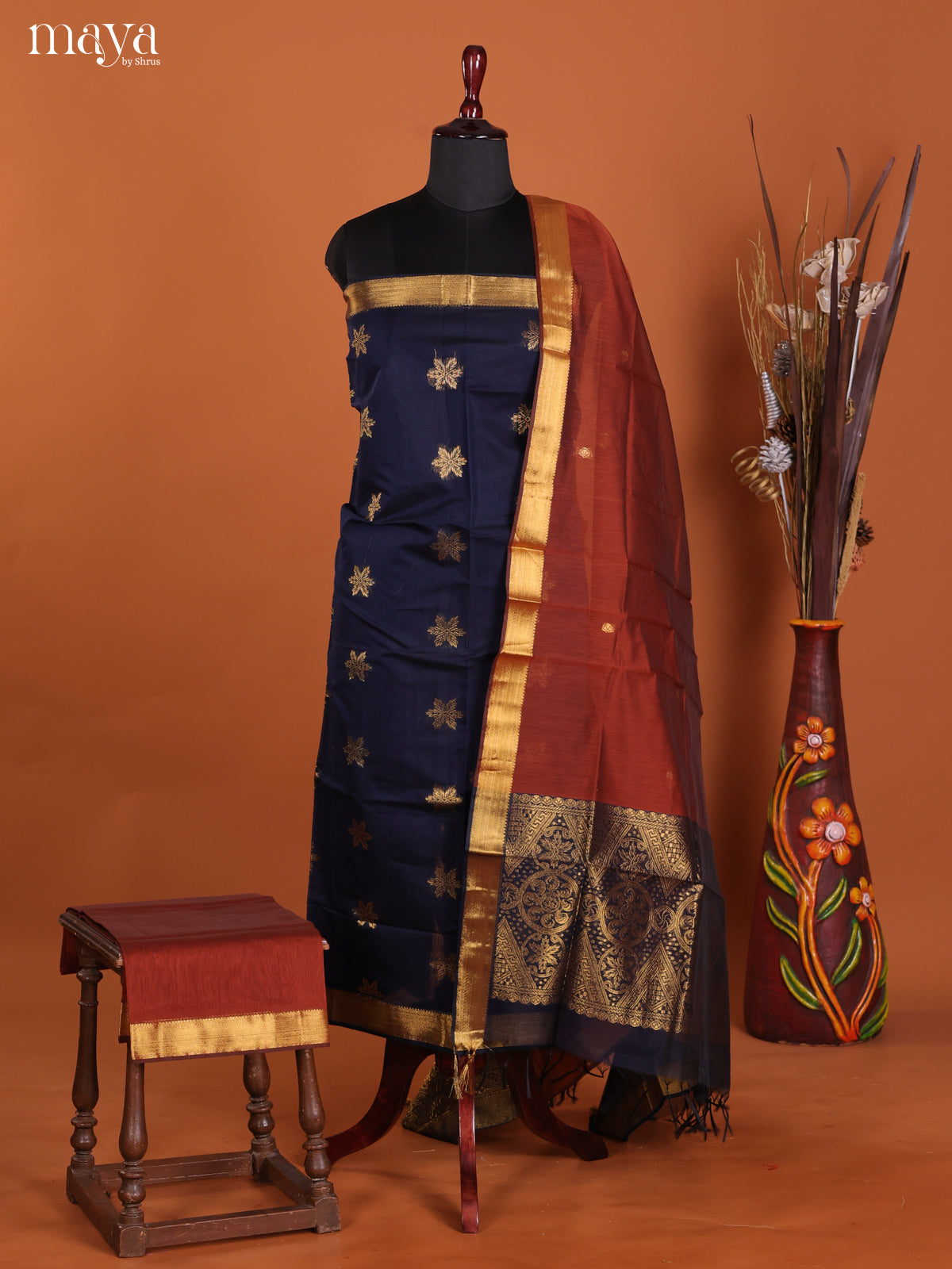 Blue & Brown -Semi silkcotton salwar unstitch