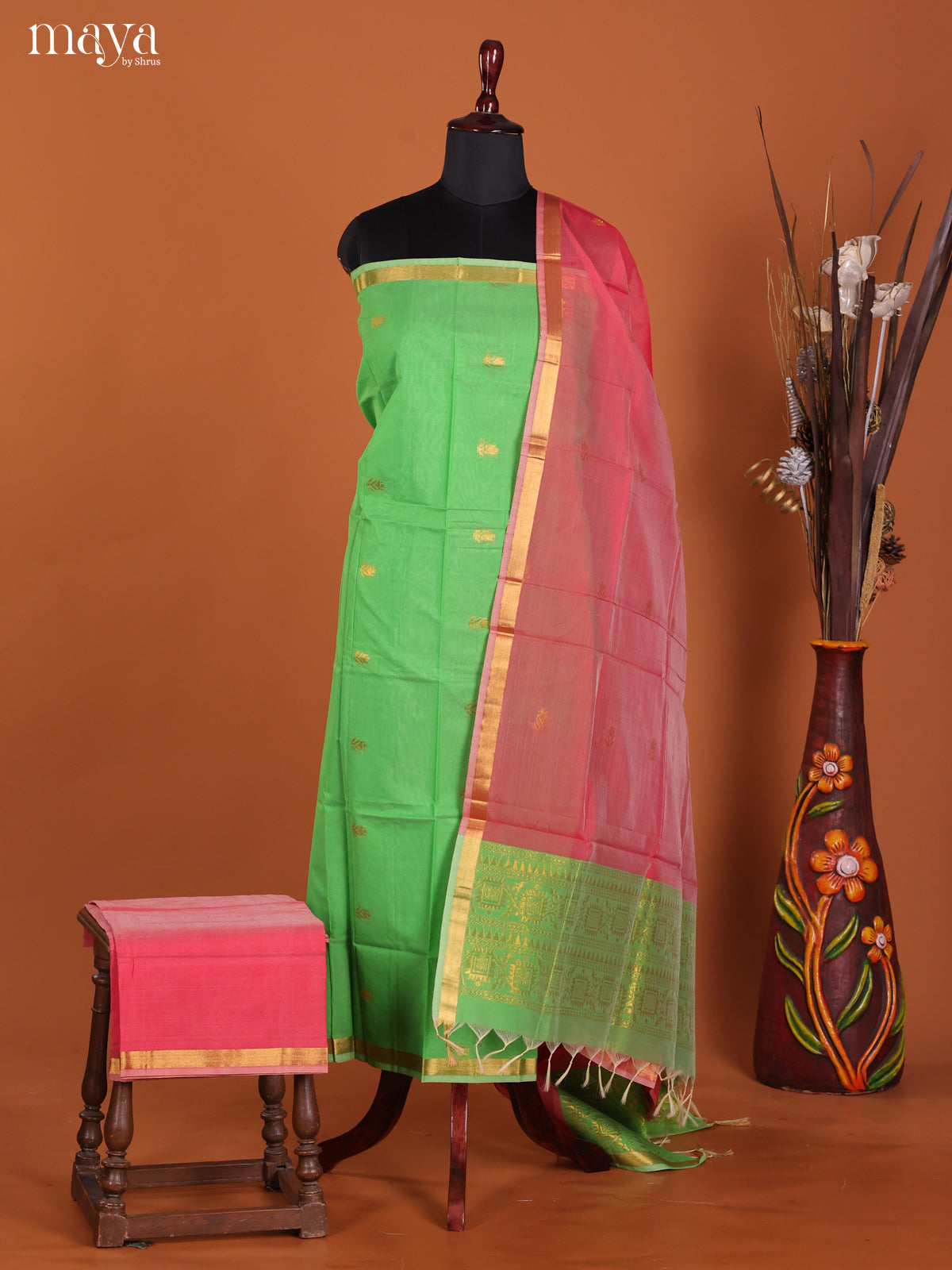 Pista Green & Pink-Semi silkcotton salwar unstitch