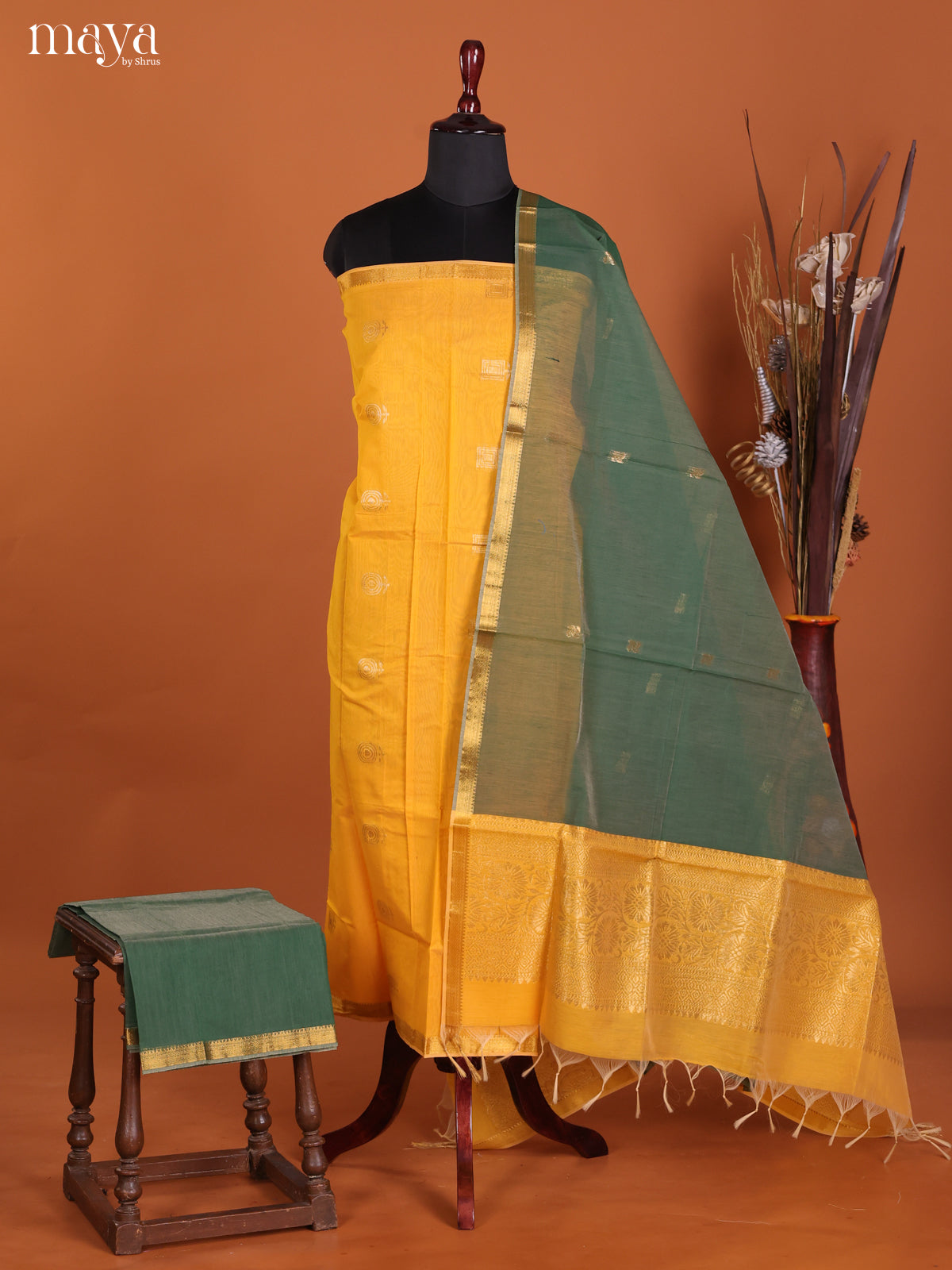 Yellow & Green -Semi silkcotton salwar unstitch