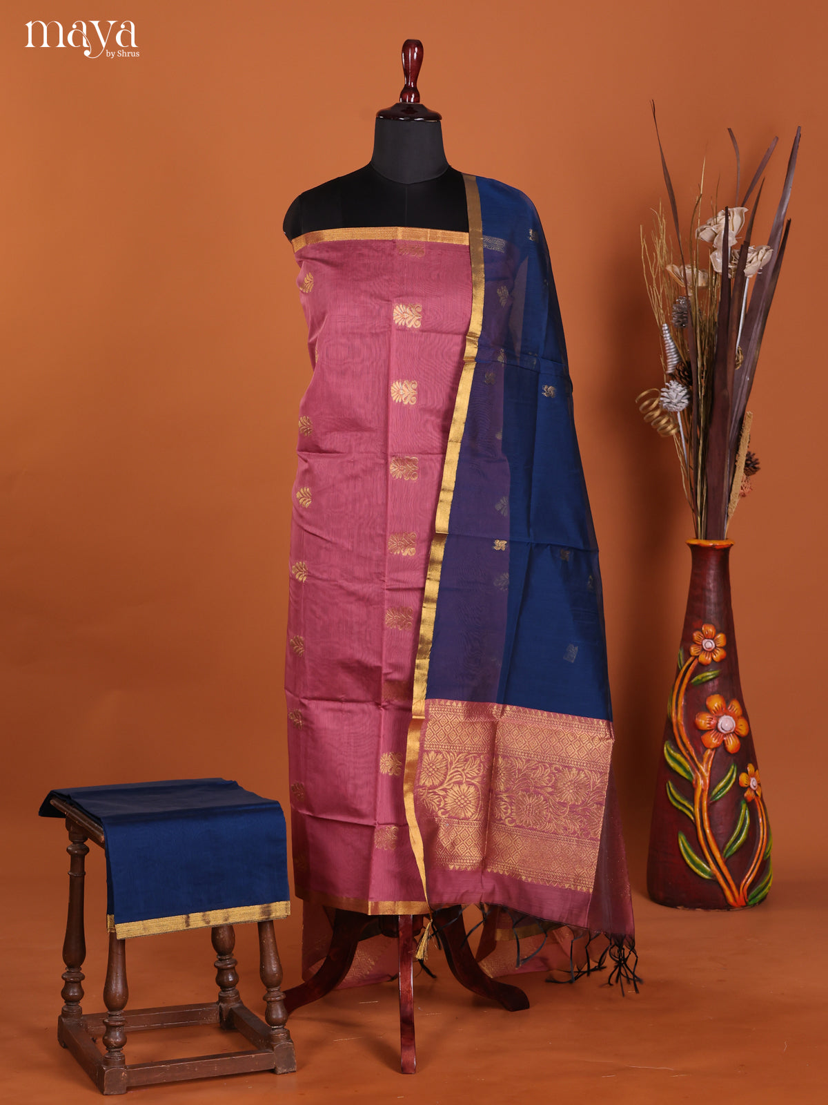Pink & Blue -Semi silkcotton salwar unstitch
