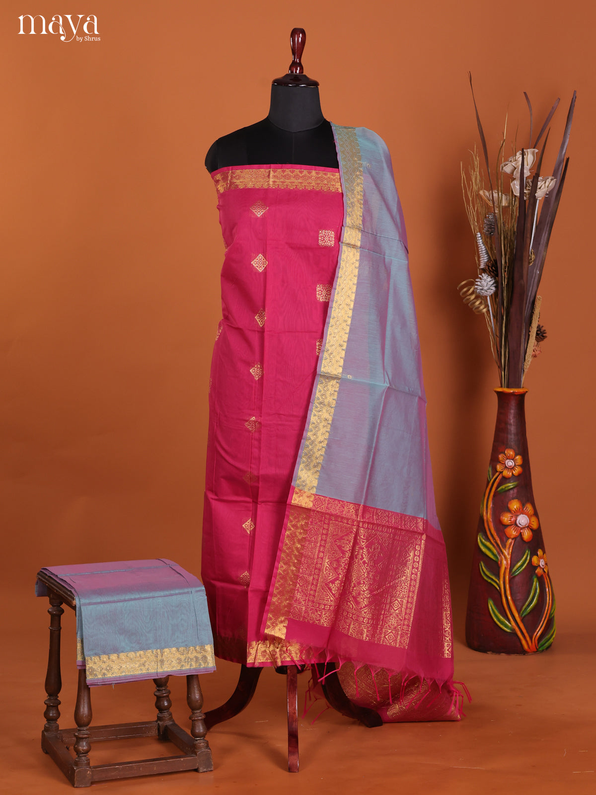 Pink & Blue-Semi silkcotton salwar unstitch