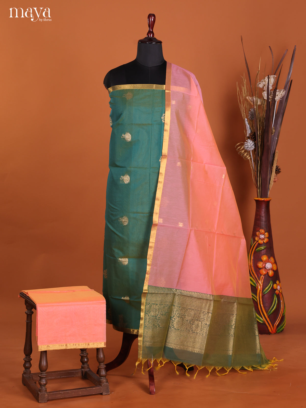 Green & Pink-Semi silkcotton salwar unstitch