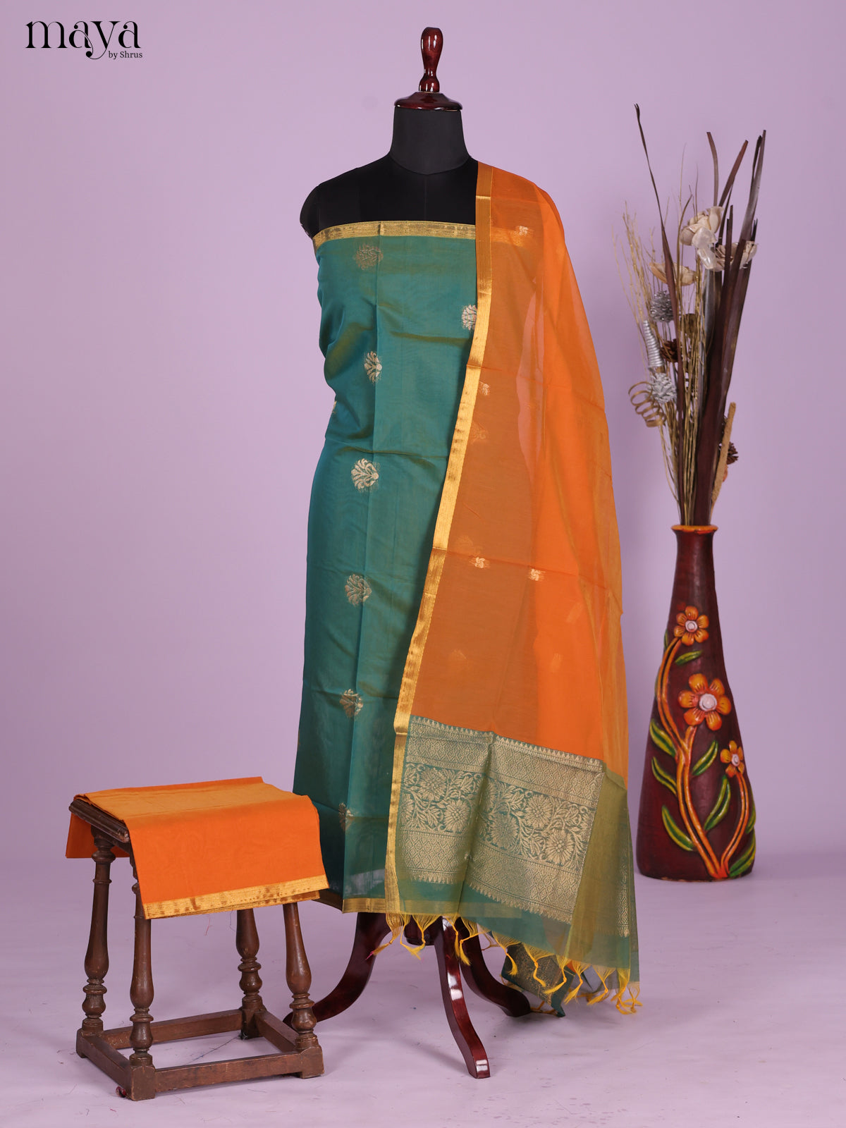 Green & Orange-Semi silkcotton salwar unstitch