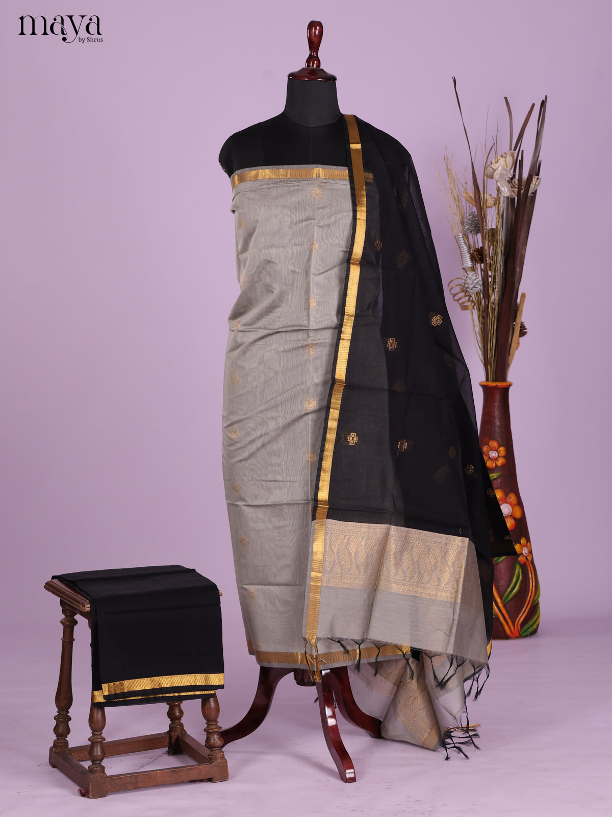 Grey & Black-Semi silkcotton salwar unstitch
