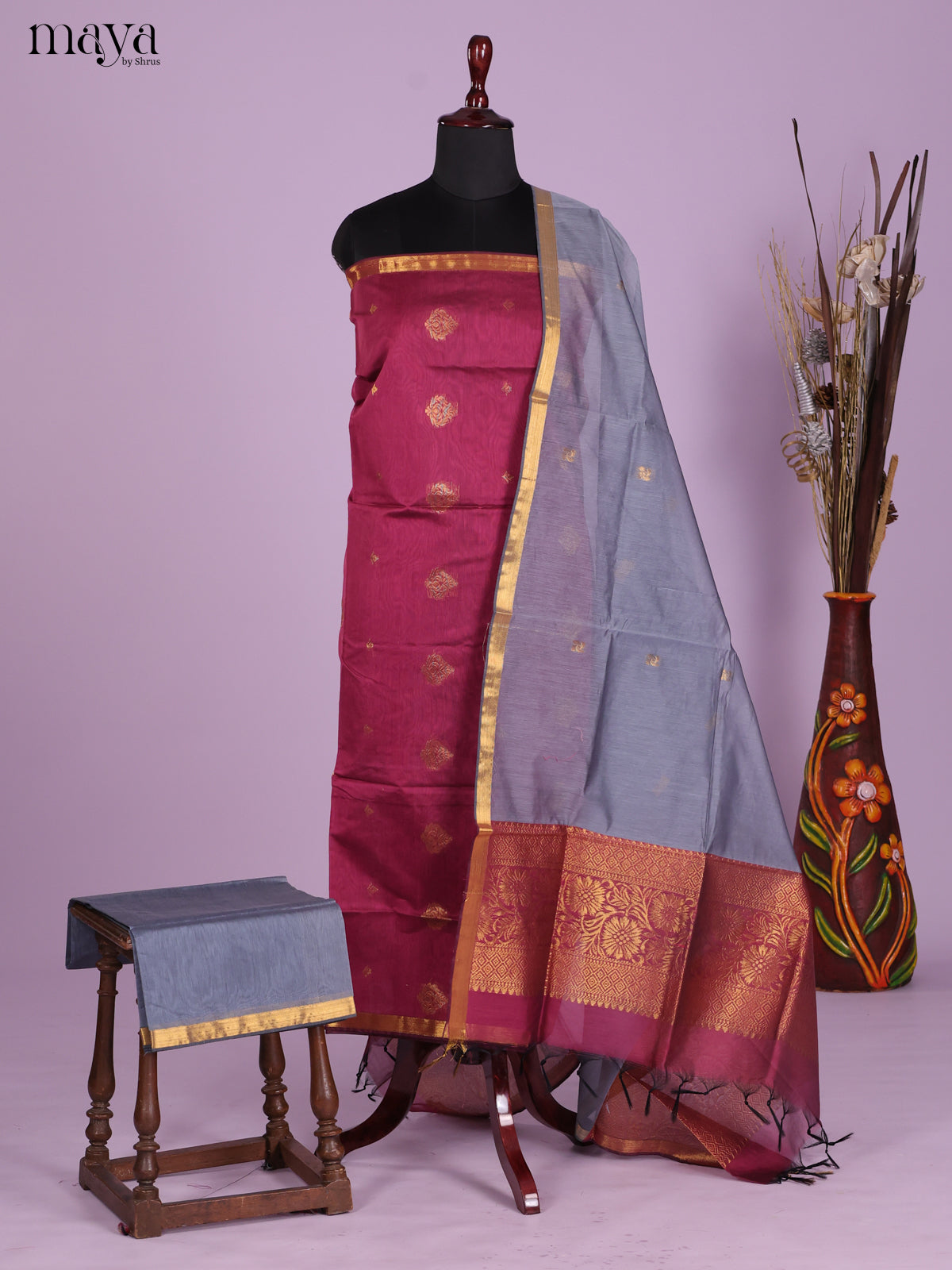 Maroon & Grey -Semi silkcotton salwar unstitch