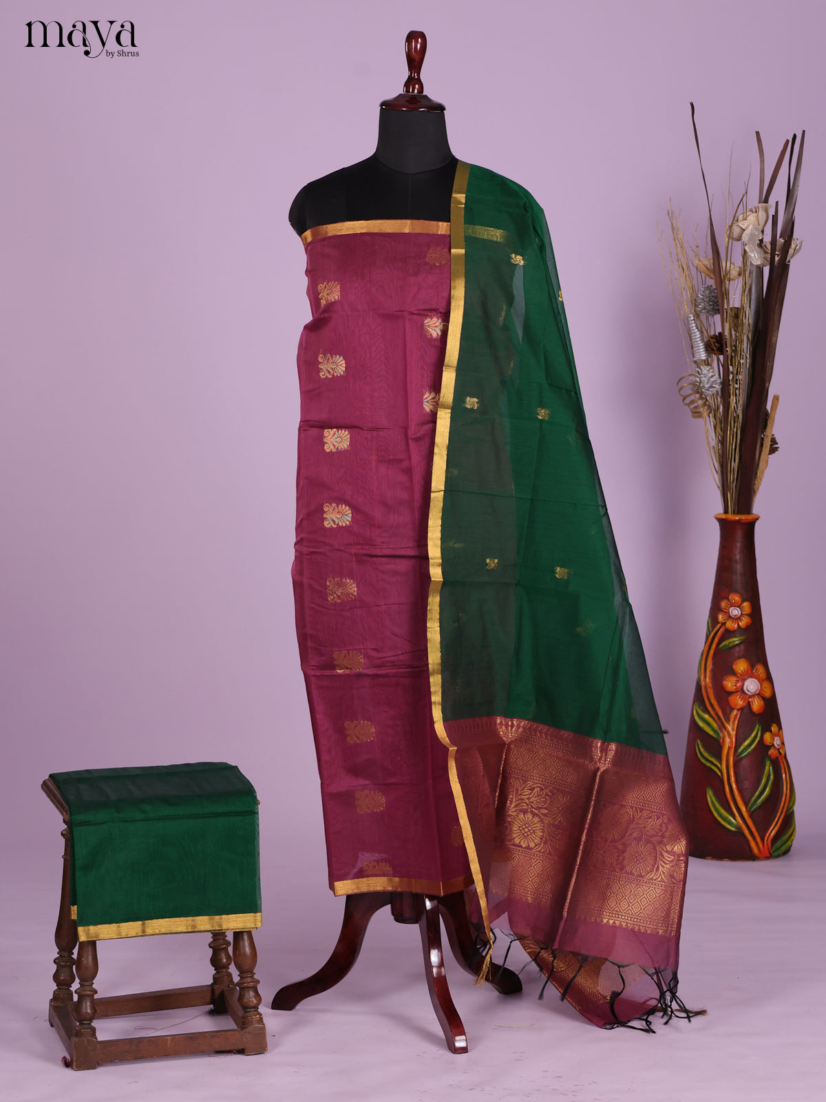 Maroon & Green -Semi silkcotton salwar unstitch