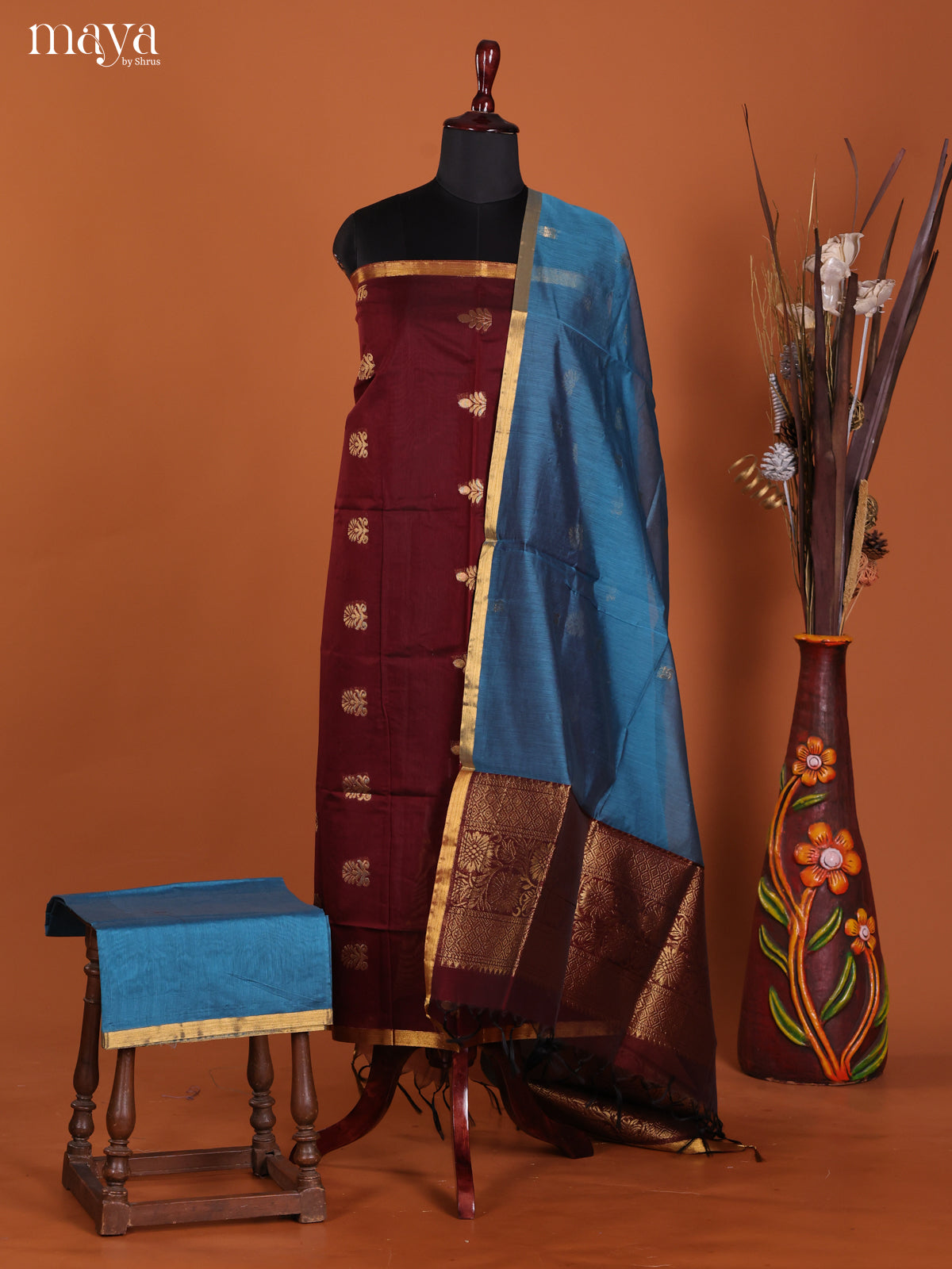 Maroon & Blue-Semi silkcotton salwar unstitch