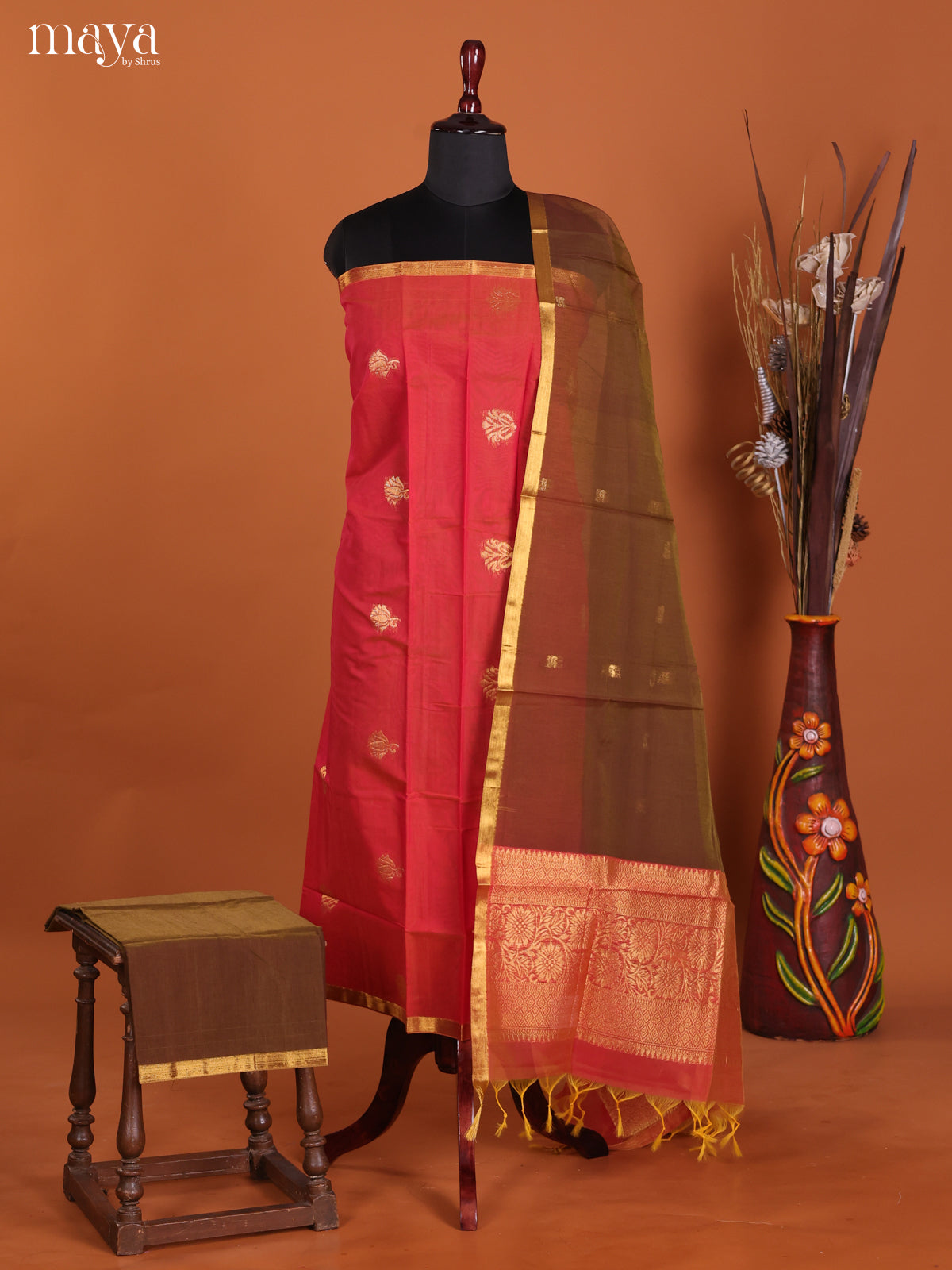 Orangish Pink & Mehandi-Semi silkcotton salwar unstitch