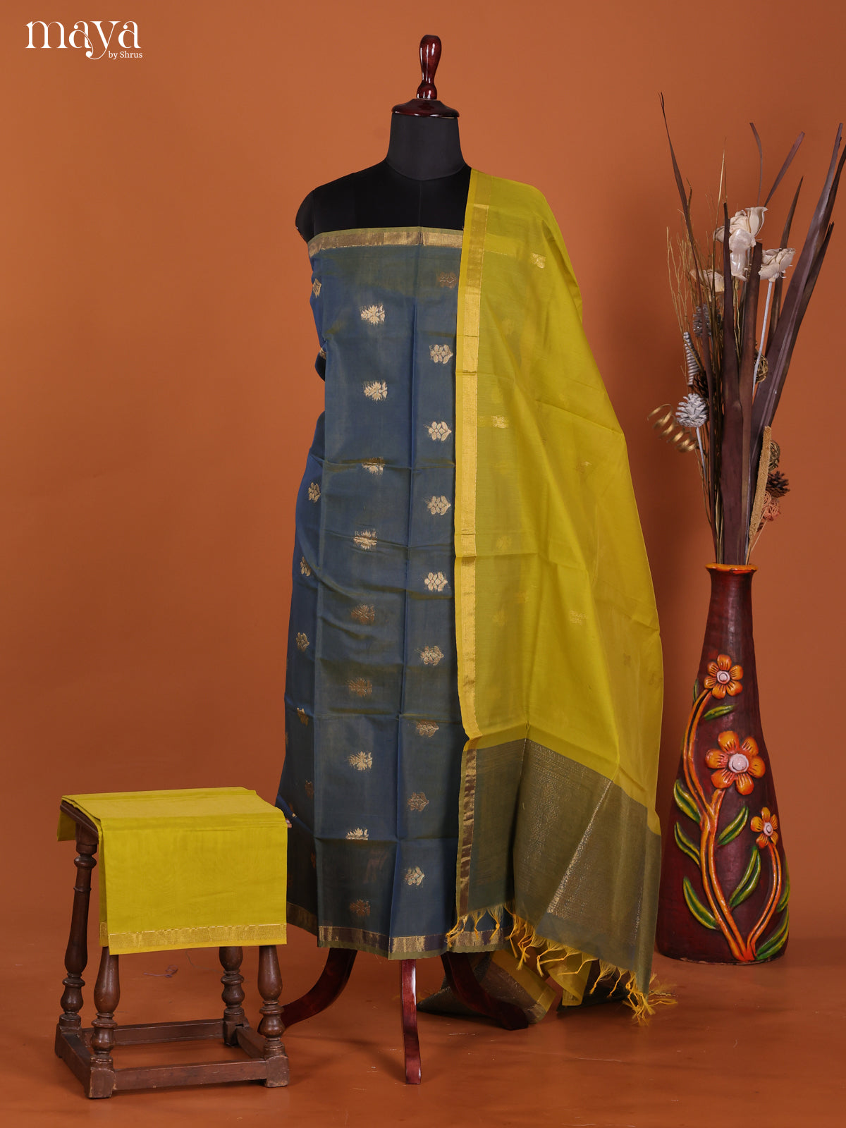 Blue & Lime Green-Semi silkcotton salwar unstitch