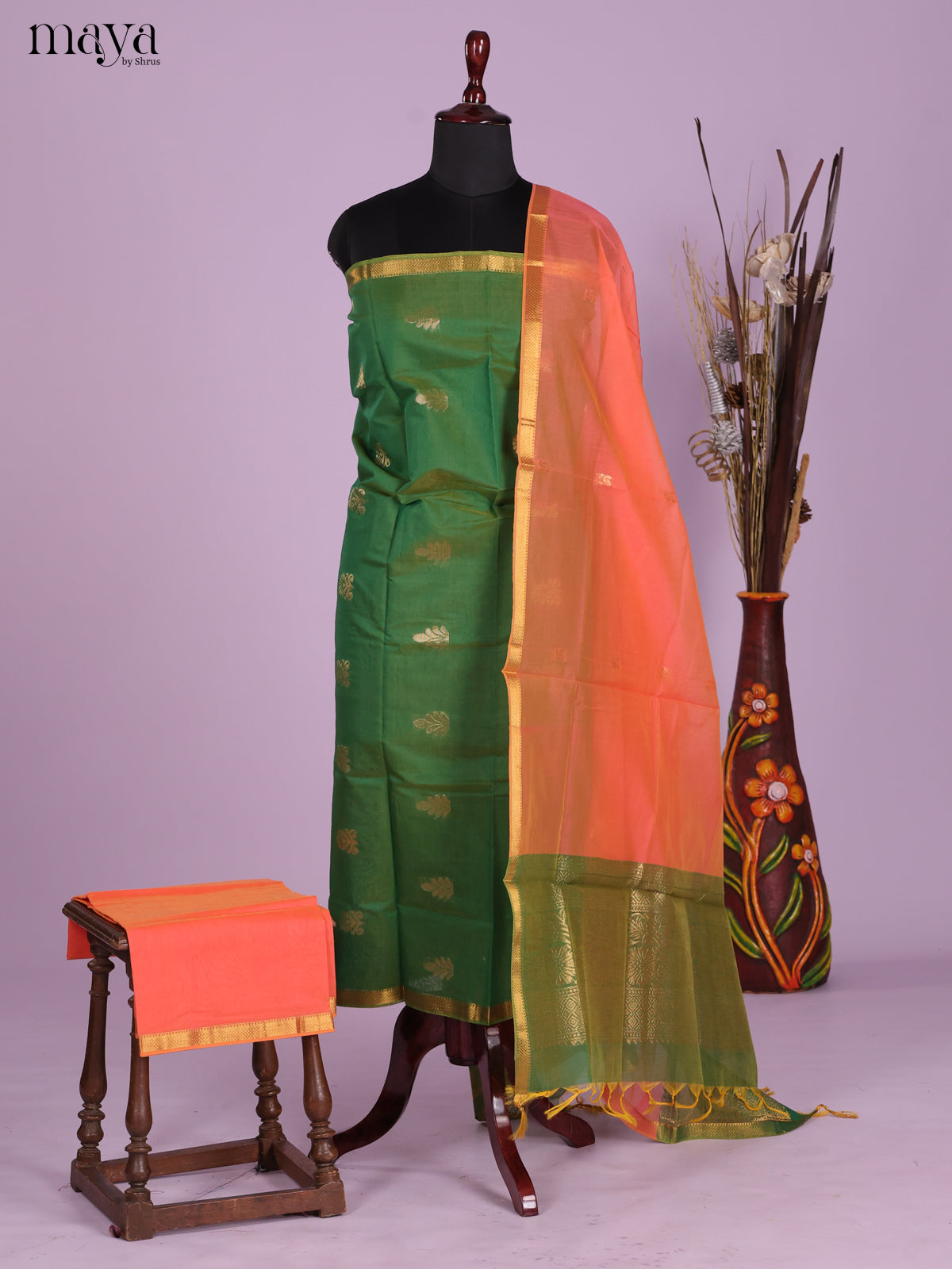 Green & Peach-Semi silkcotton salwar unstitch