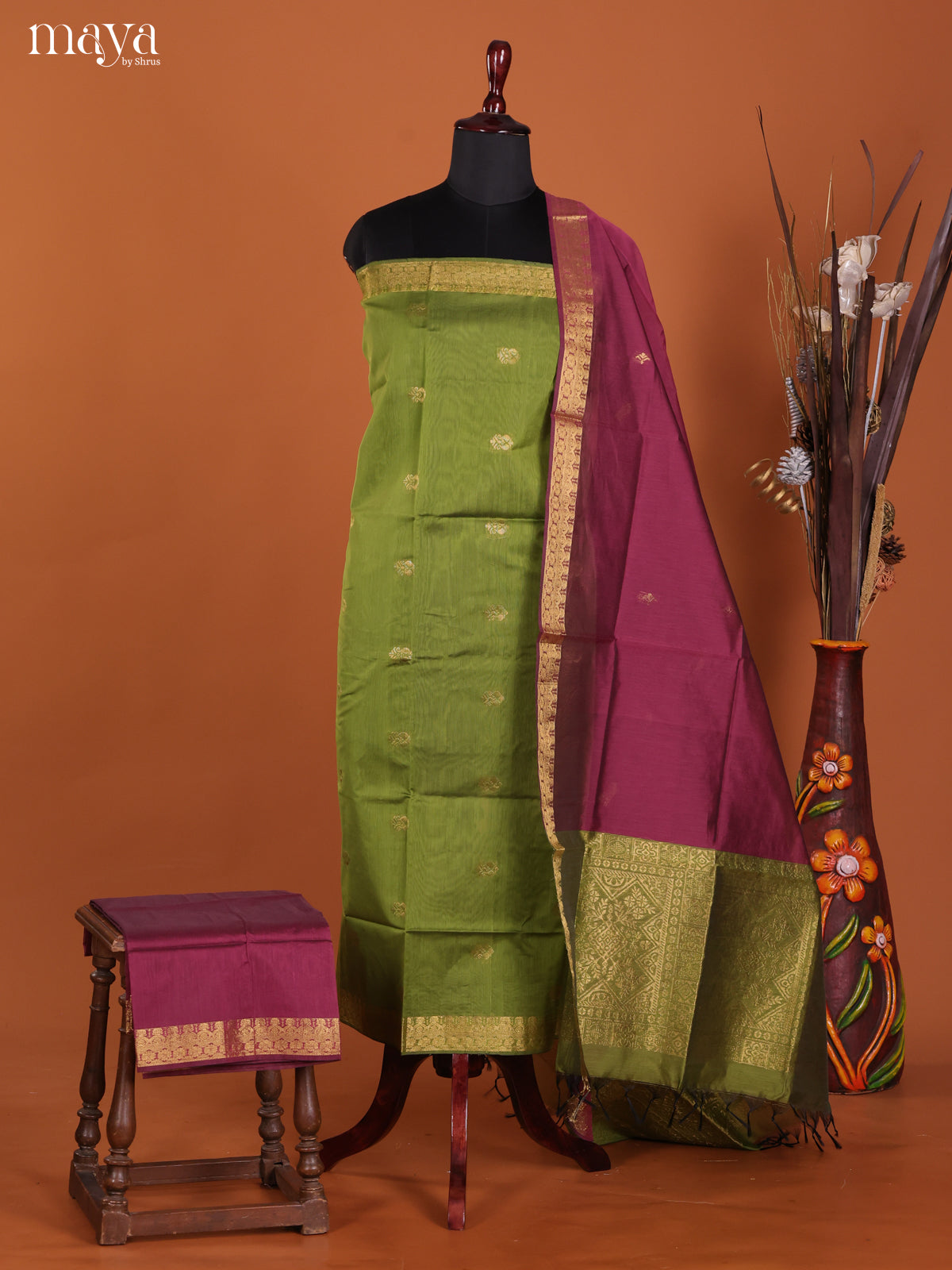 Green & Purple-Semi silkcotton salwar unstitch