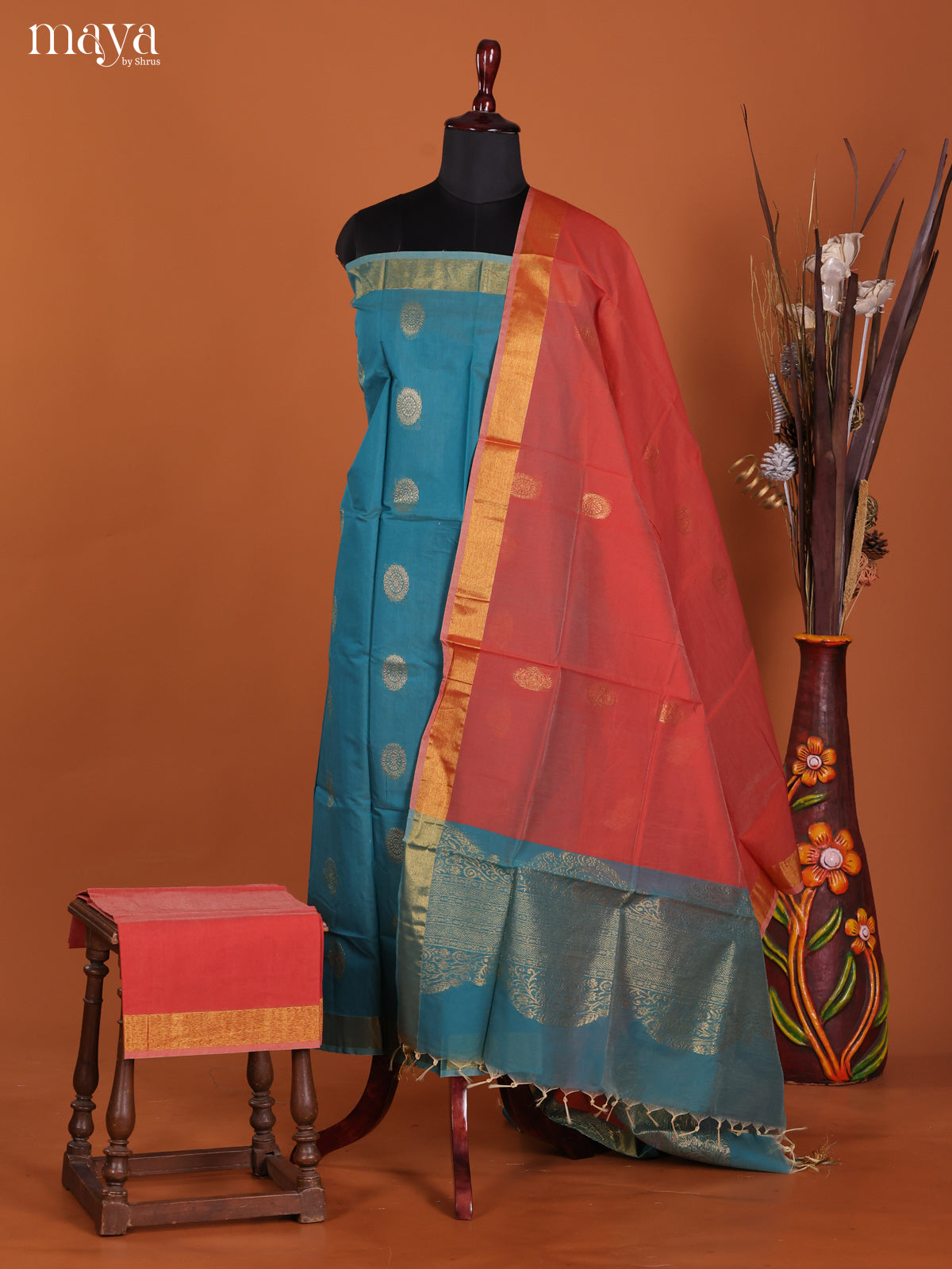Blue & Brick-Semi silkcotton salwar unstitch
