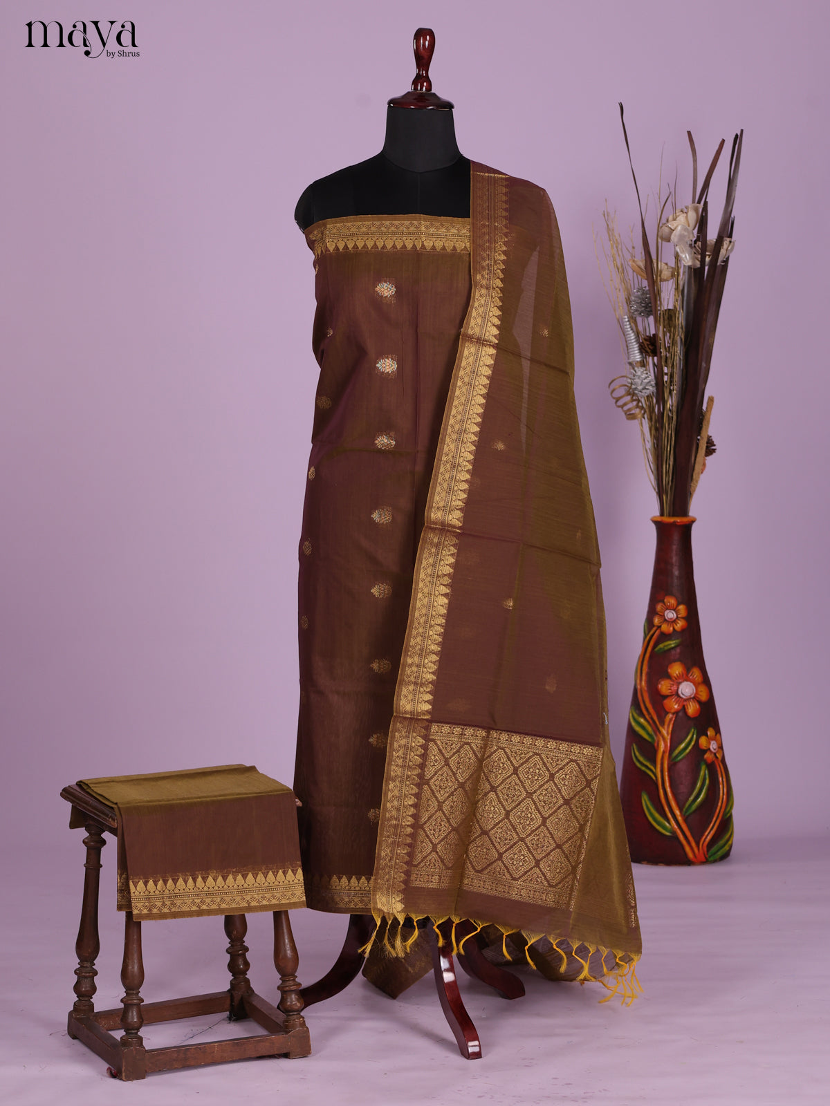 Brown-Semi silkcotton salwar unstitch