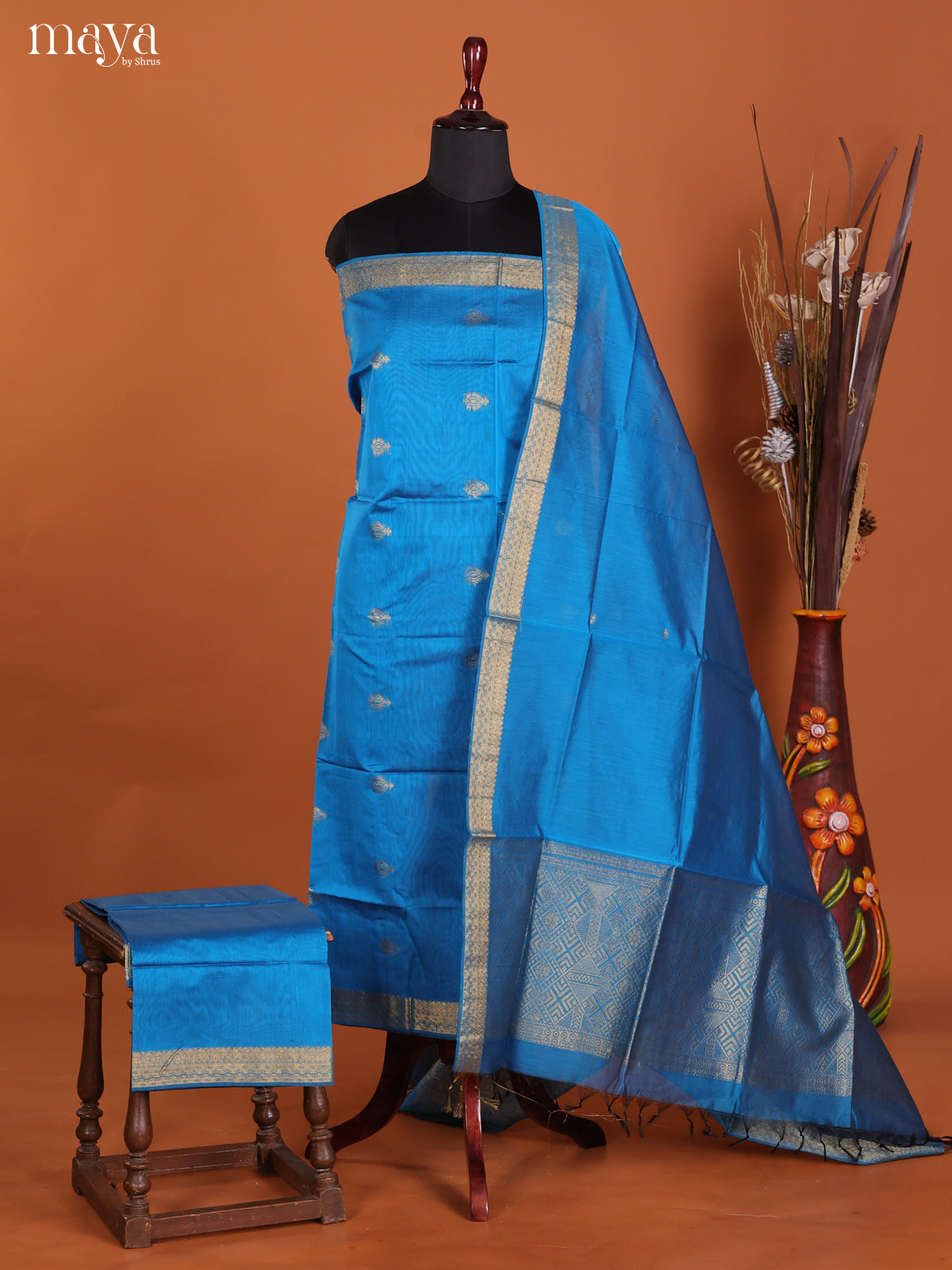 Blue-Semi silkcotton salwar unstitch