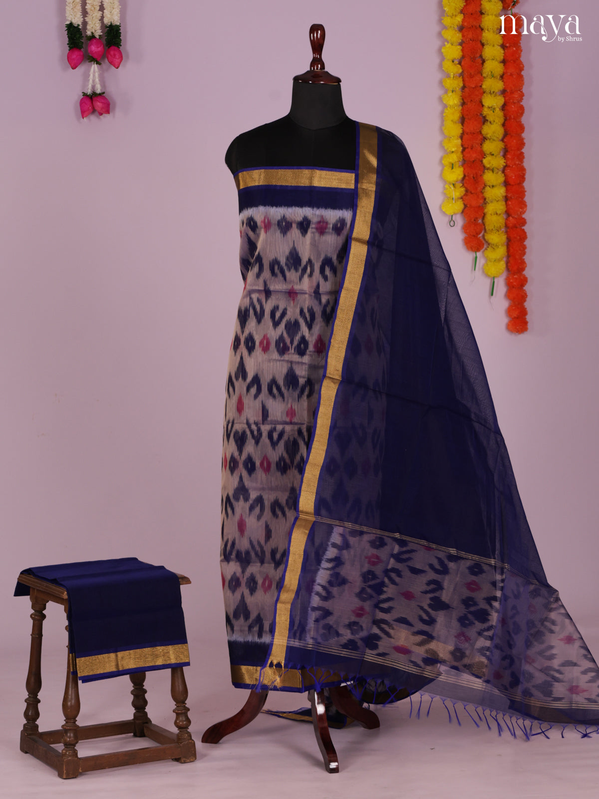 Grey & Blue-Pochampally Salwar Unstitch
