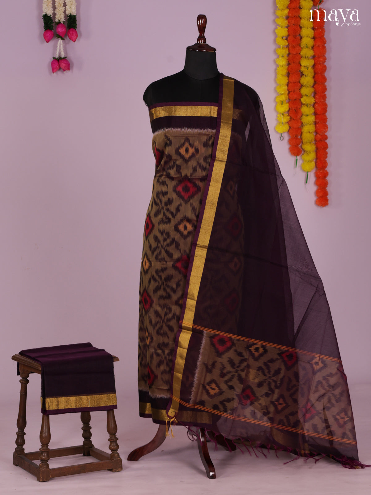 Grey & Violet-Pochampally Salwar Unstitch