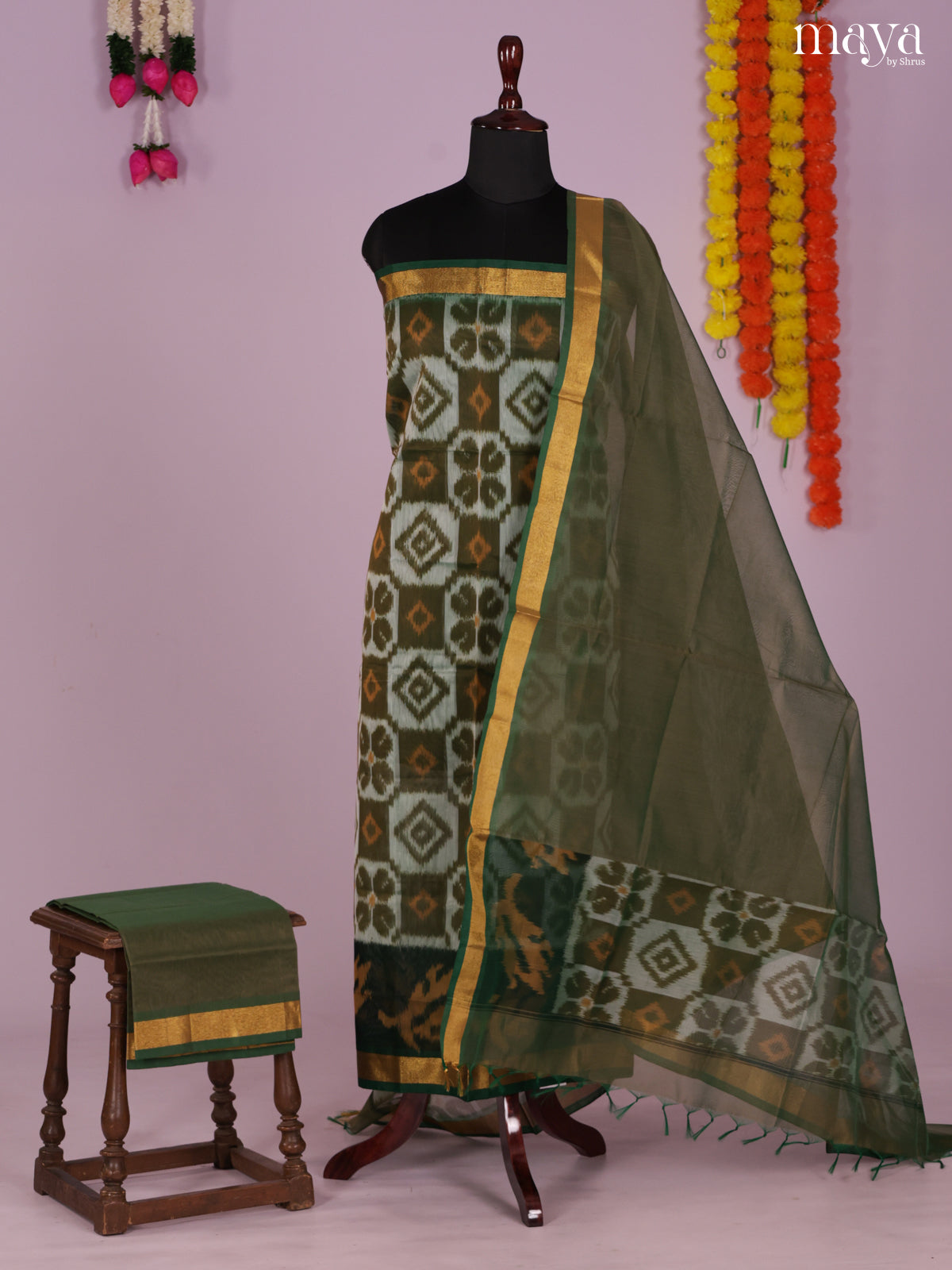 Blue & Green-Pochampally Salwar Unstitch