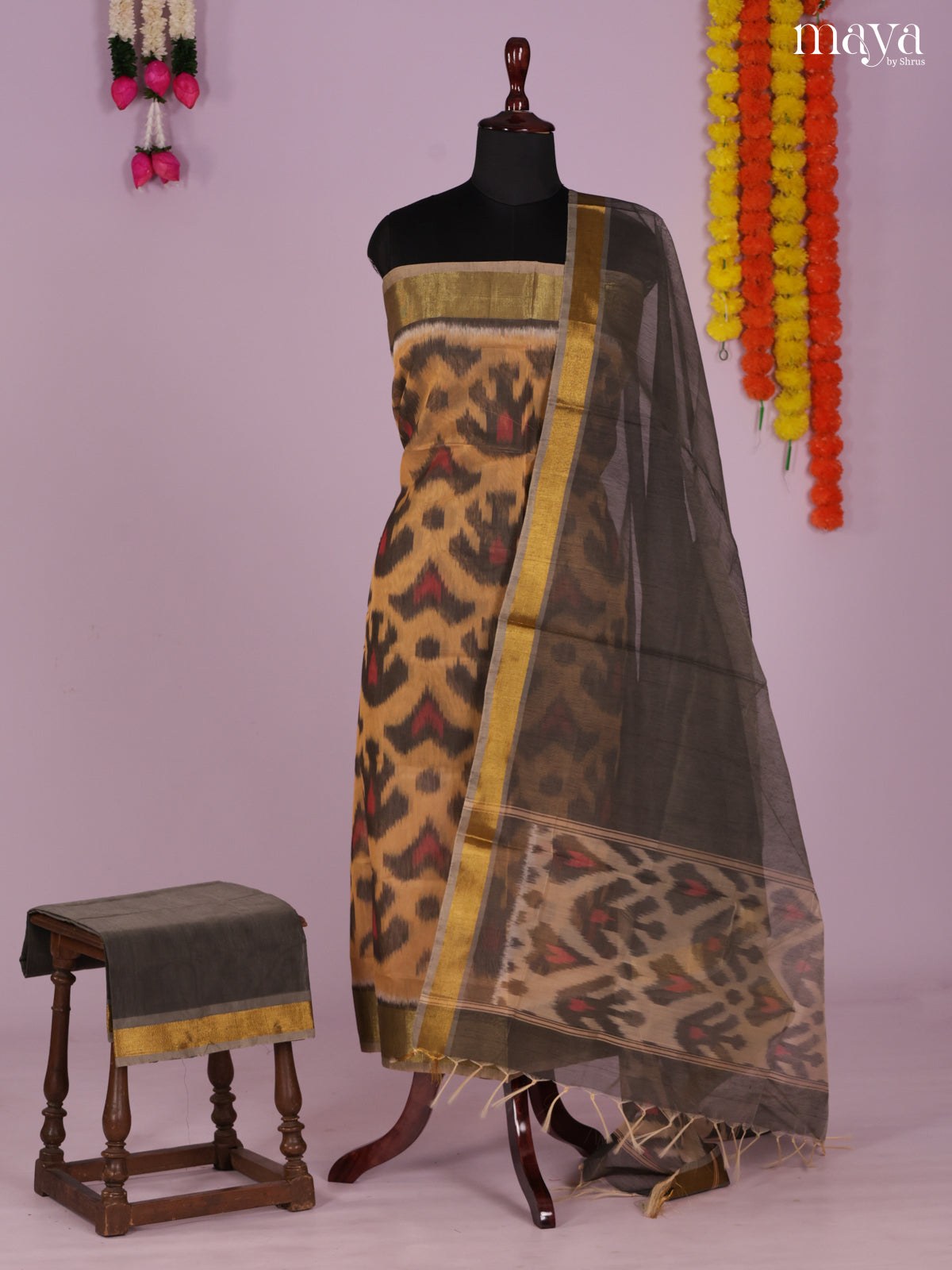 Peach & Grey -Pochampally Salwar Unstitch