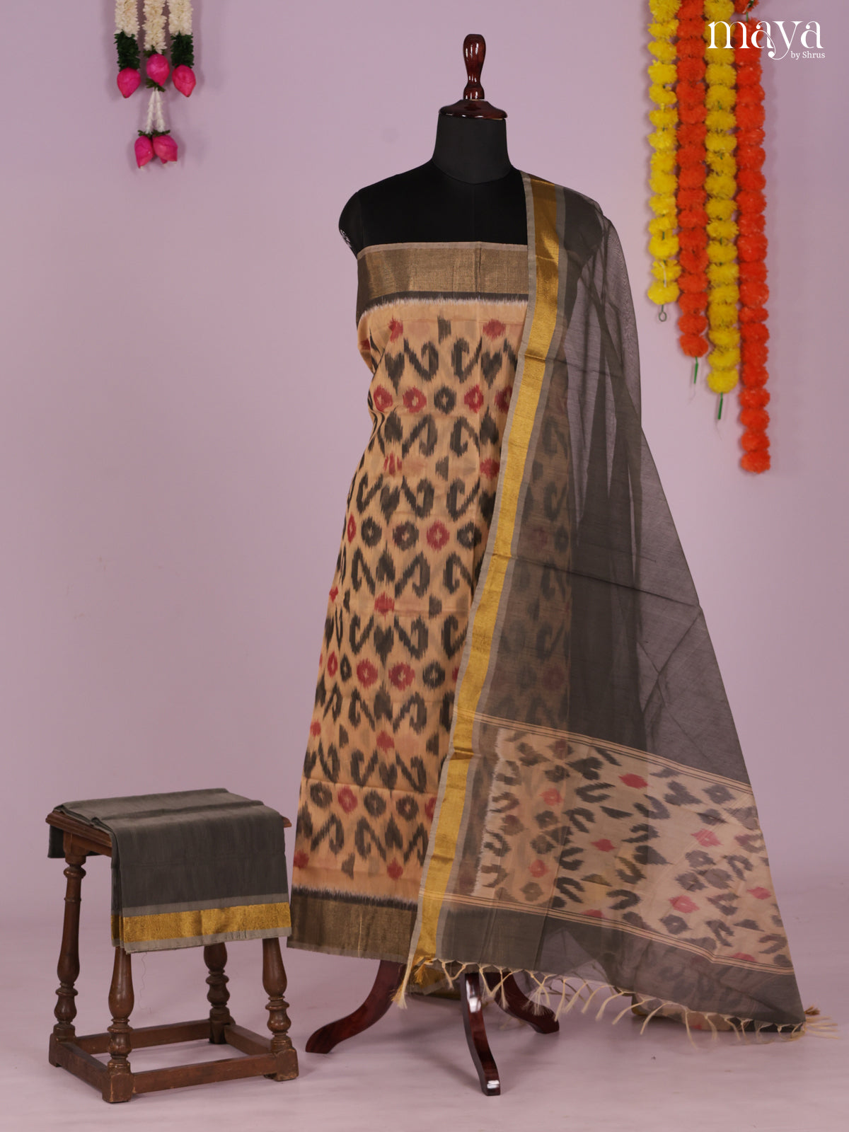 Peach & Grey -Pochampally Salwar Unstitch