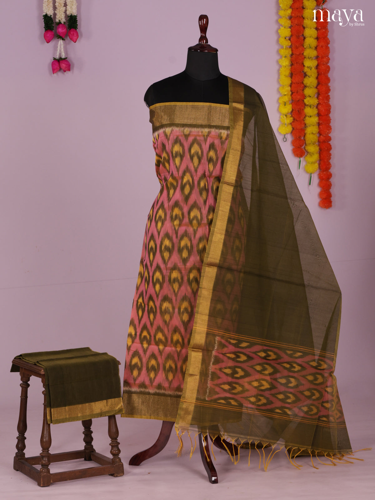 Pink & Green -Pochampally Salwar Unstitch