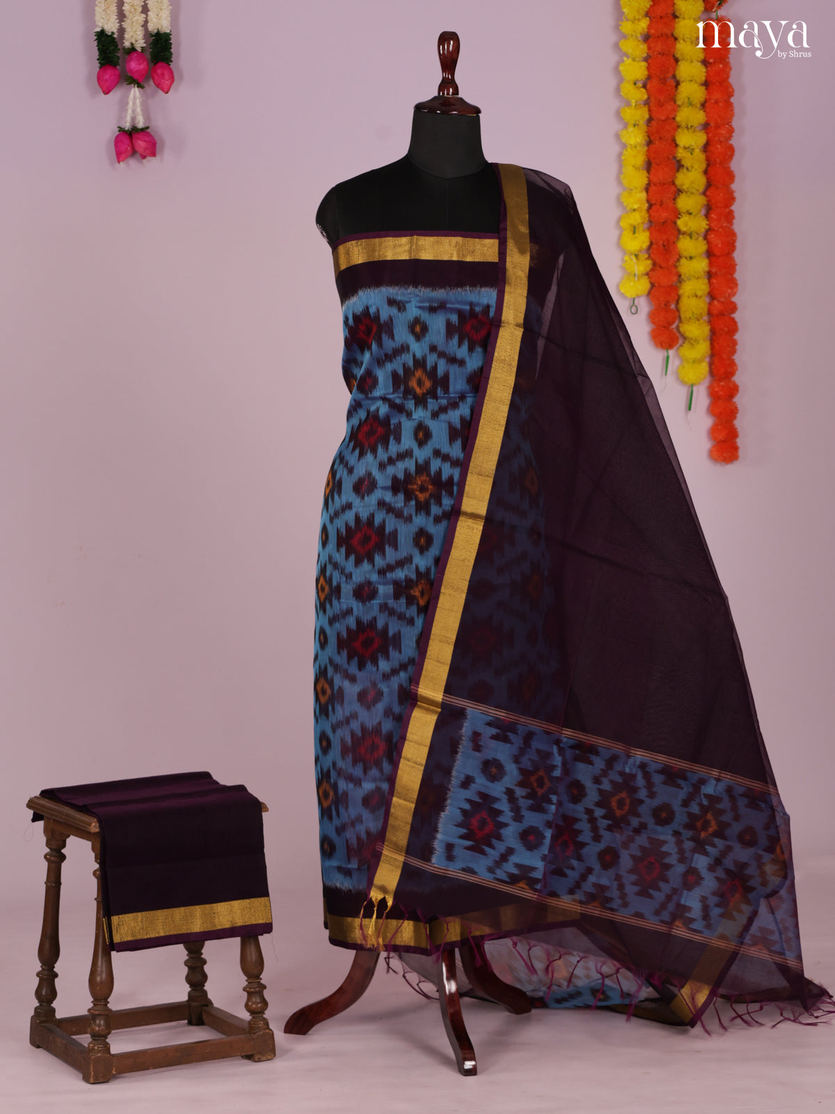Blue & Black-Pochampally Salwar Unstitch