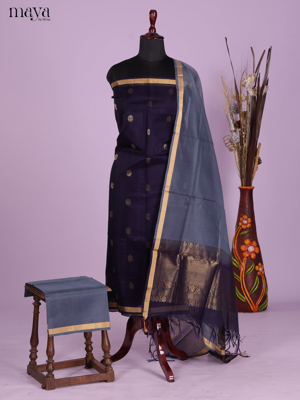 Navy Blue & Grey -Silkcotton salwar Unstitch