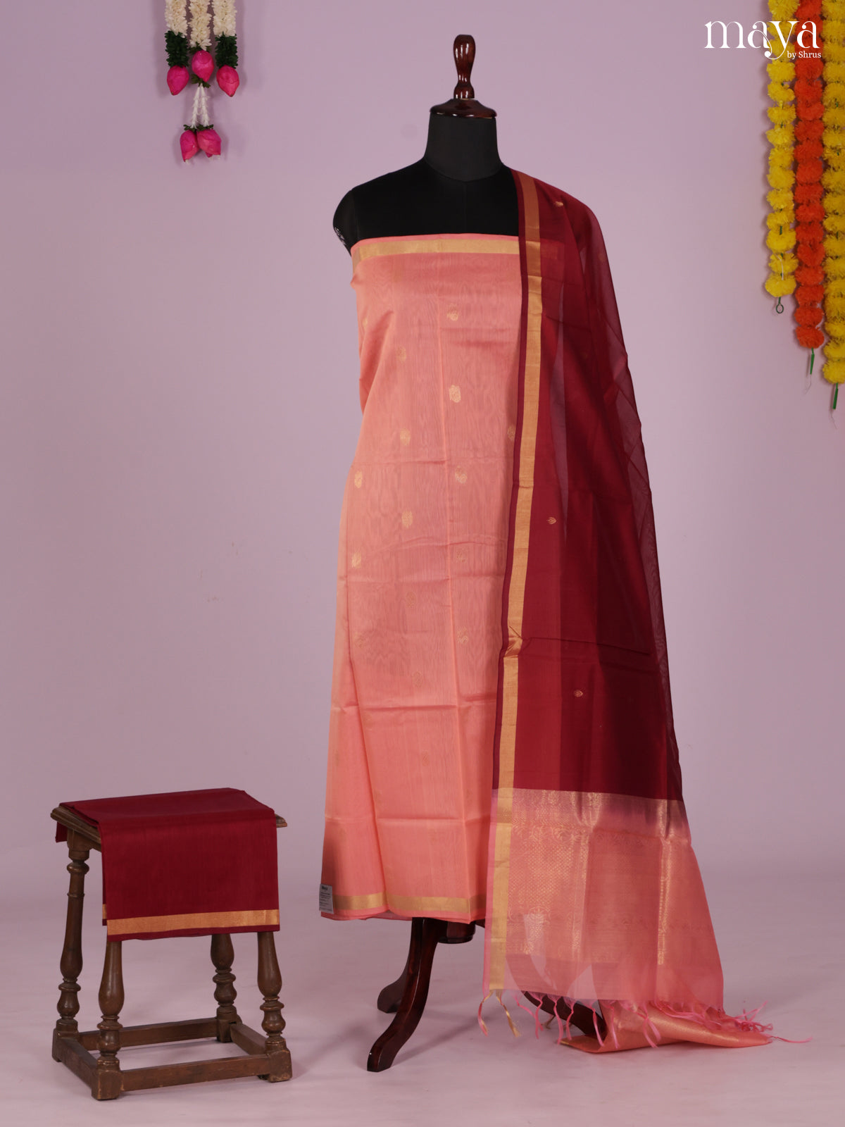 Pink & maroon-Silkcotton salwar Unstitch