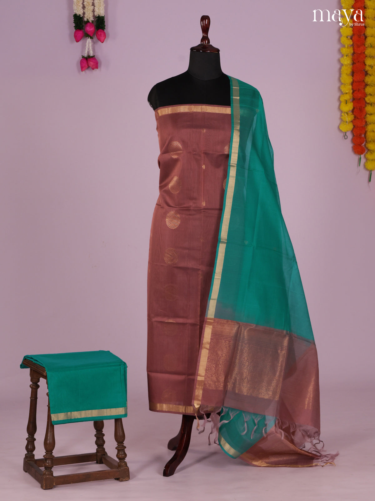 Brown & Green-Silkcotton salwar Unstitch