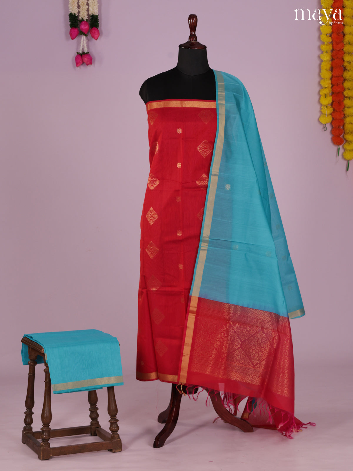Red & Blue -Silkcotton salwar Unstitch