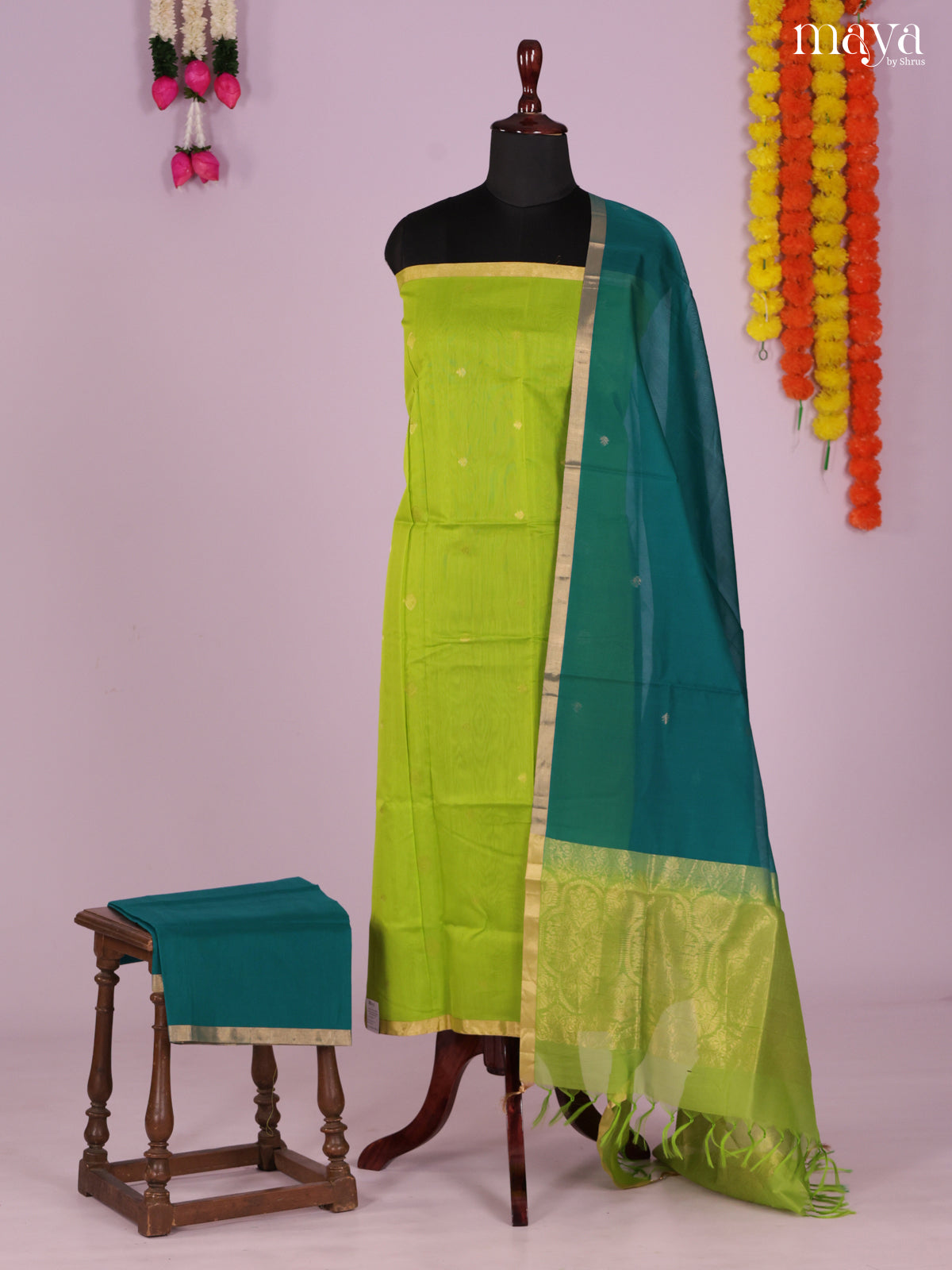 Light Green & Green-Silkcotton salwar Unstitch
