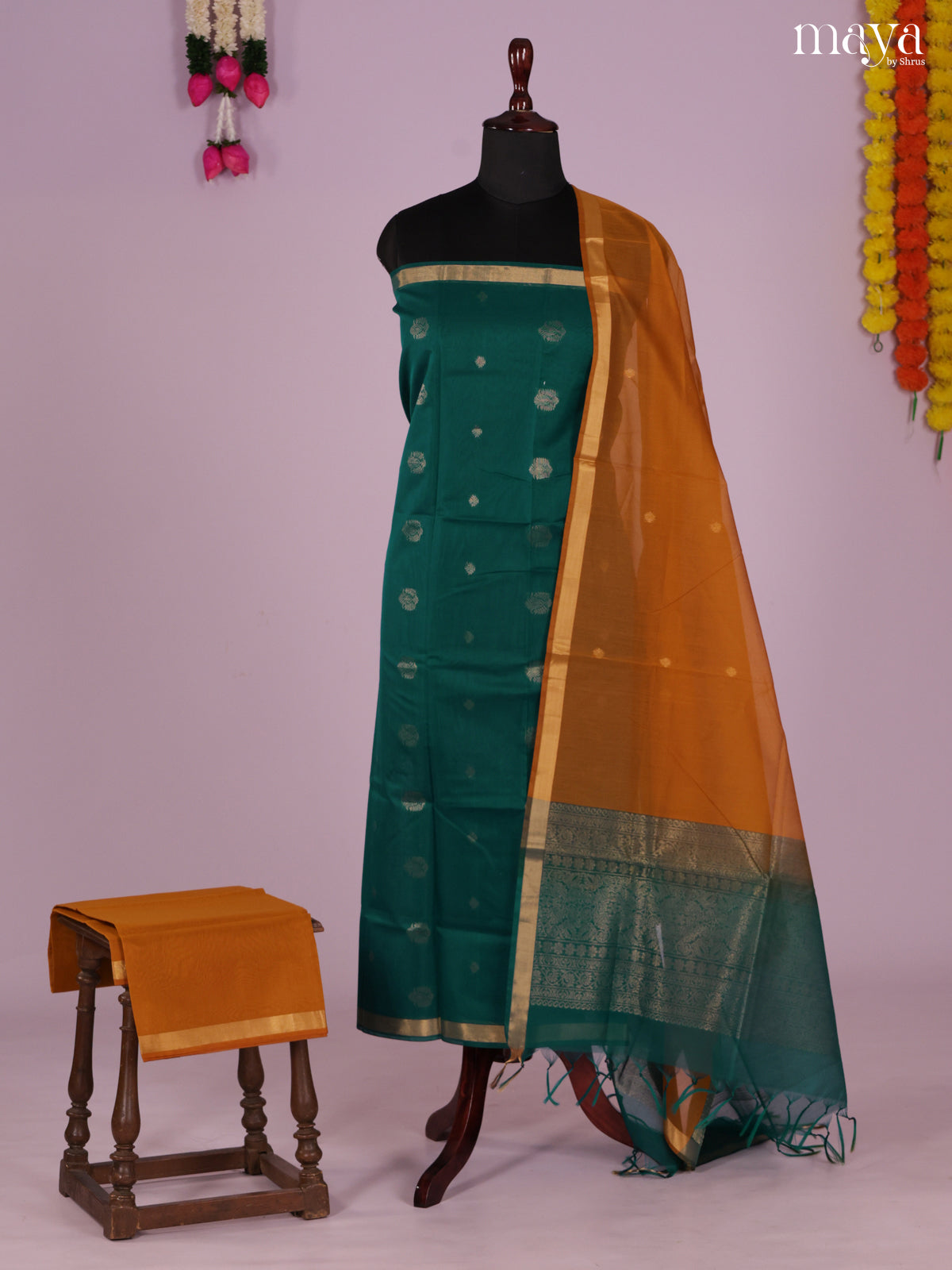 Green & Brick-Silkcotton salwar Unstitch