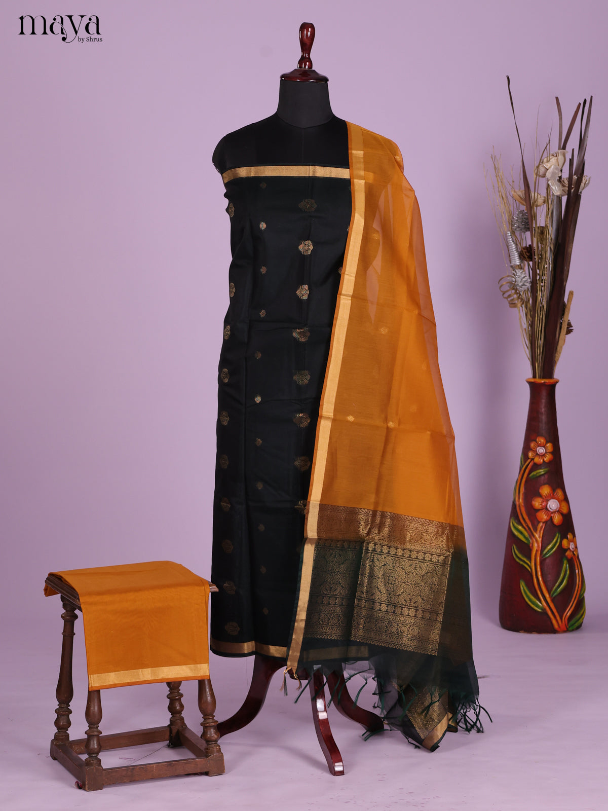 Black & Mustard-Silkcotton salwar Unstitch