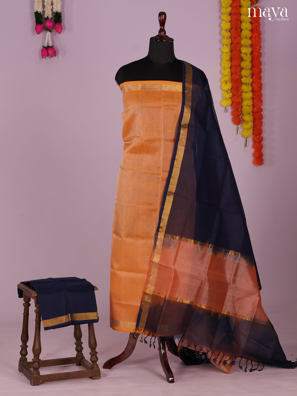 Peach & Blue-Silkcotton salwar Unstitch