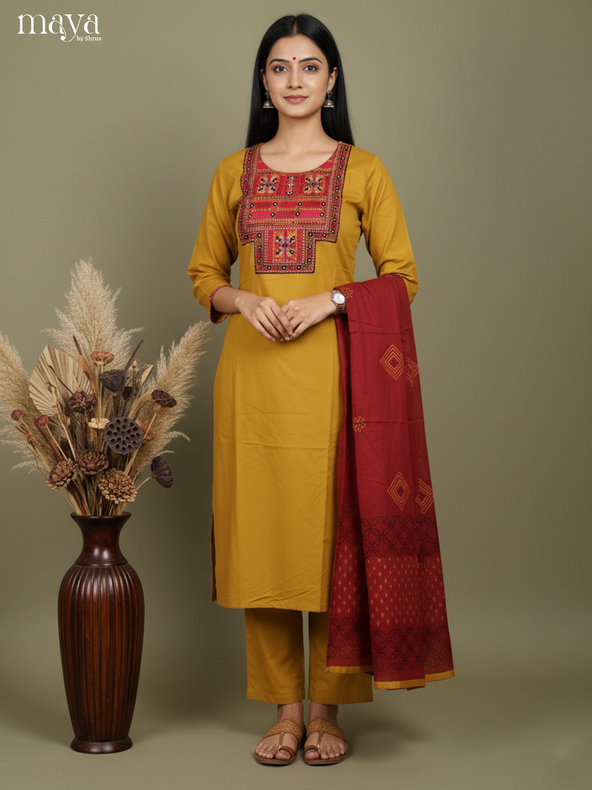 Bright Mustard & Maroon Cotton Salwar Suit with Embroidered Yoke Neck