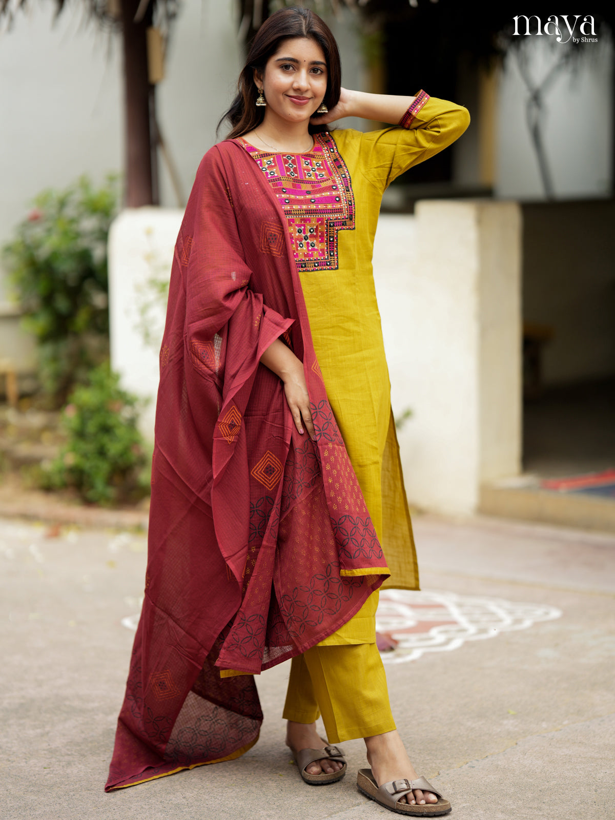 Bright Mustard & Maroon Cotton Salwar Suit with Embroidered Yoke Neck