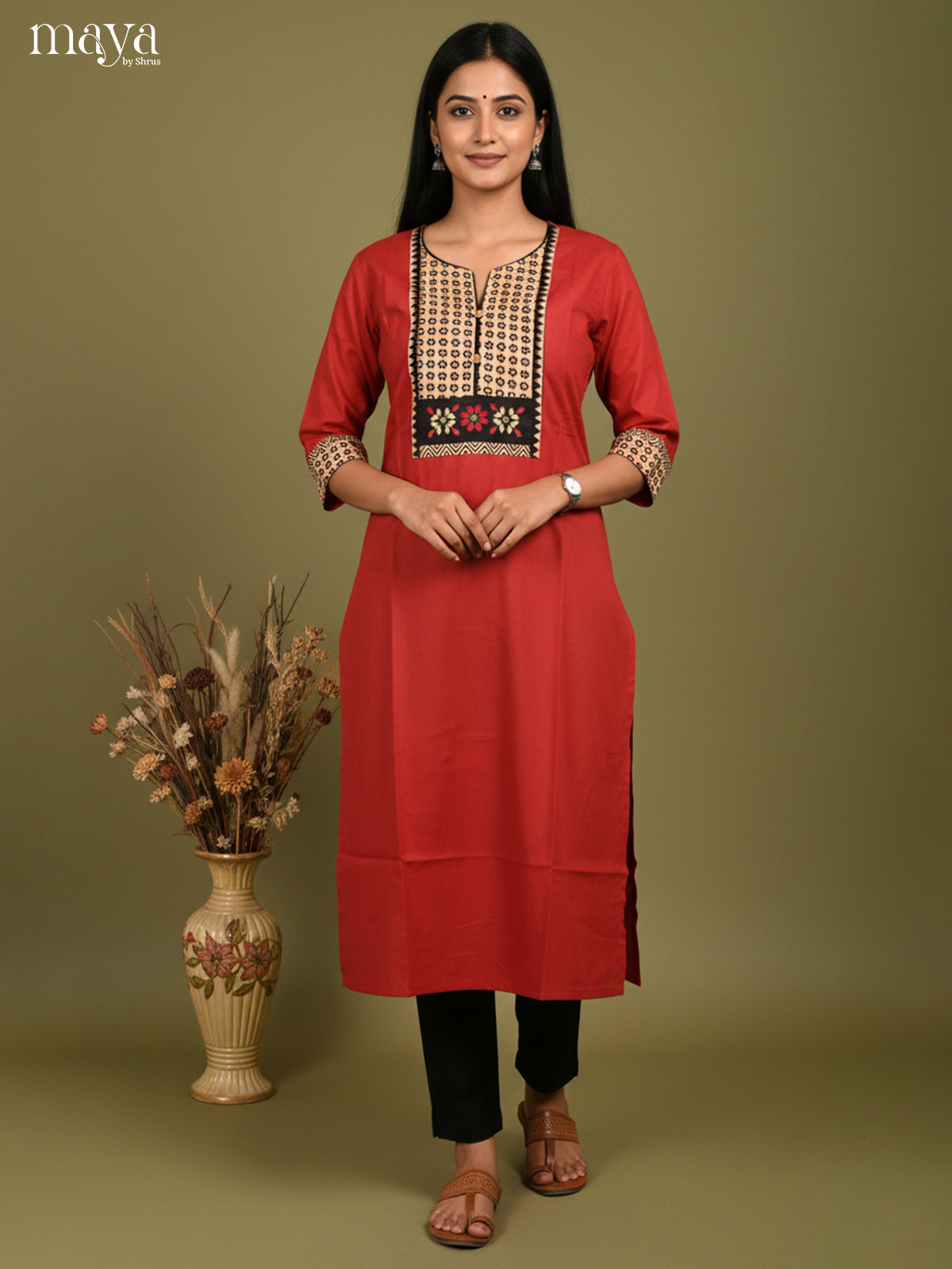 Red & Cream Readymade Kurti with ajrakh printed neck yoke
