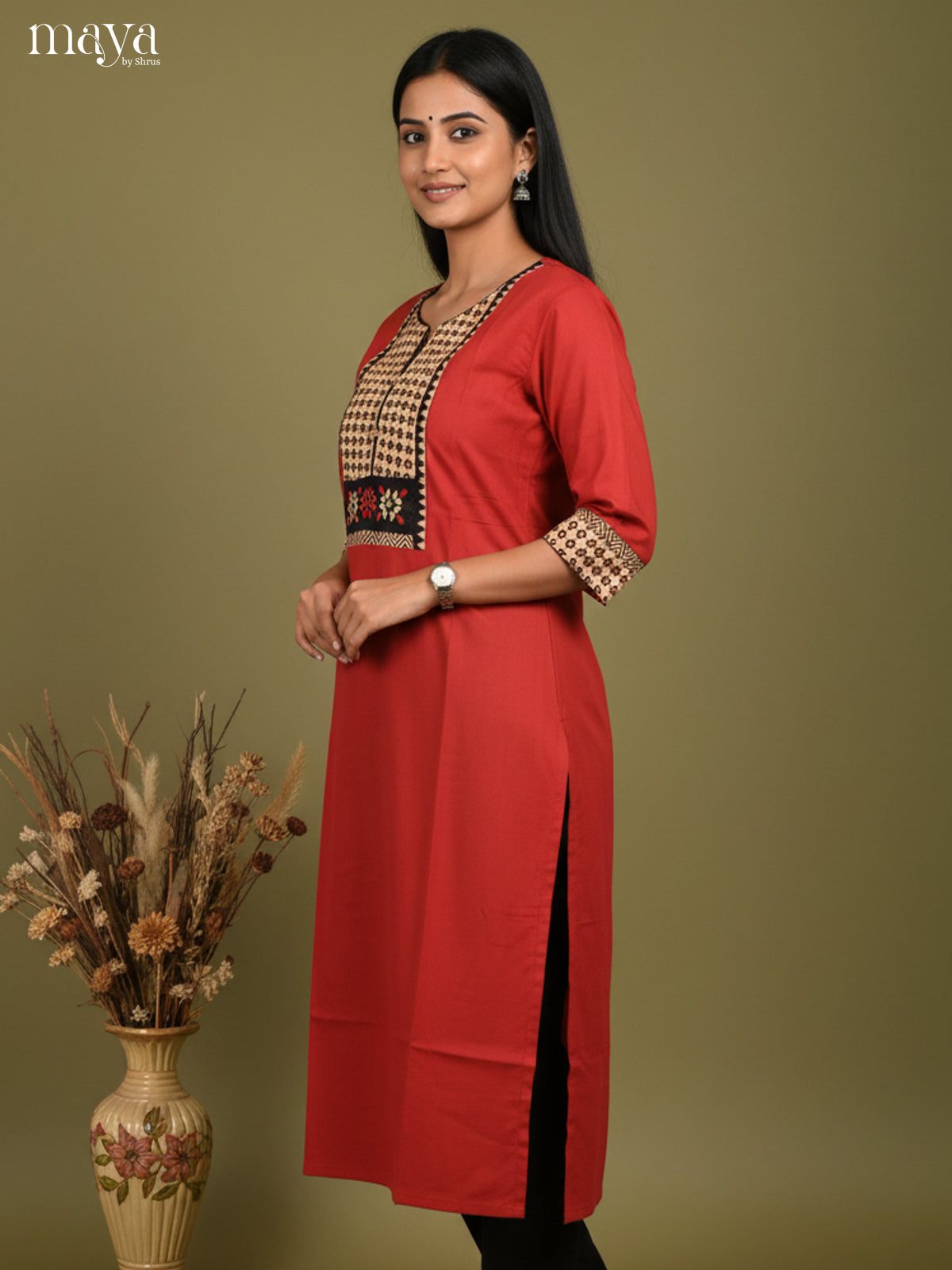 Red & Cream Readymade Kurti with ajrakh printed neck yoke