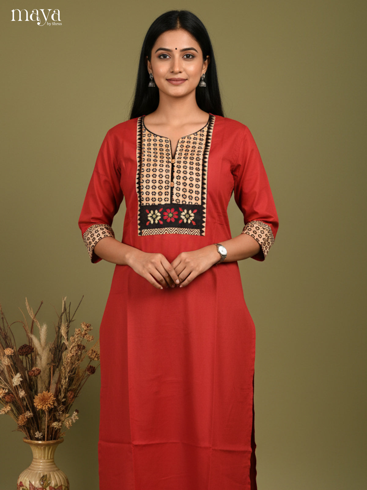 Red & Cream Readymade Kurti with ajrakh printed neck yoke