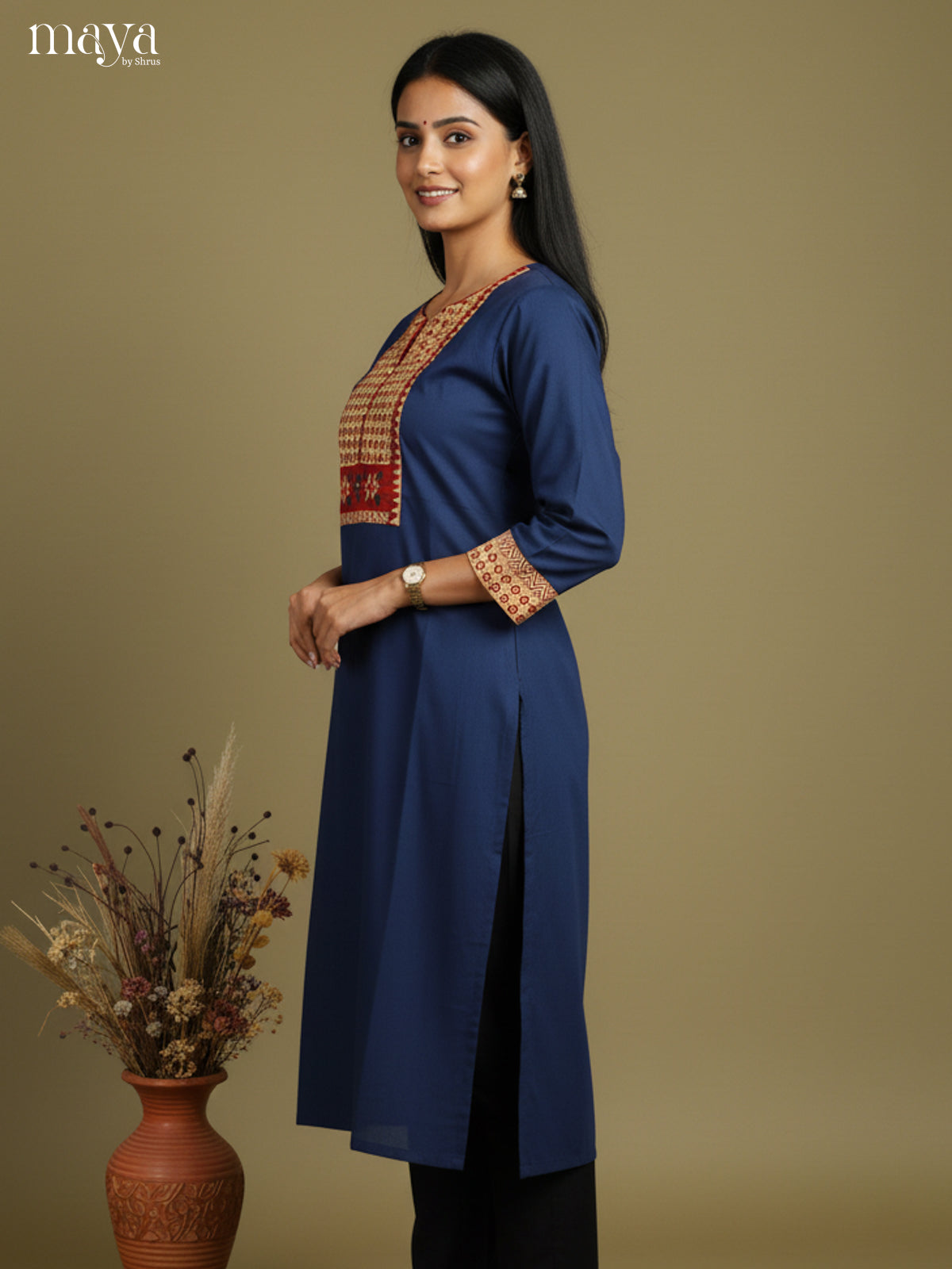 Blue & Cream Readymade Kurti with ajrakh printed neck yoke