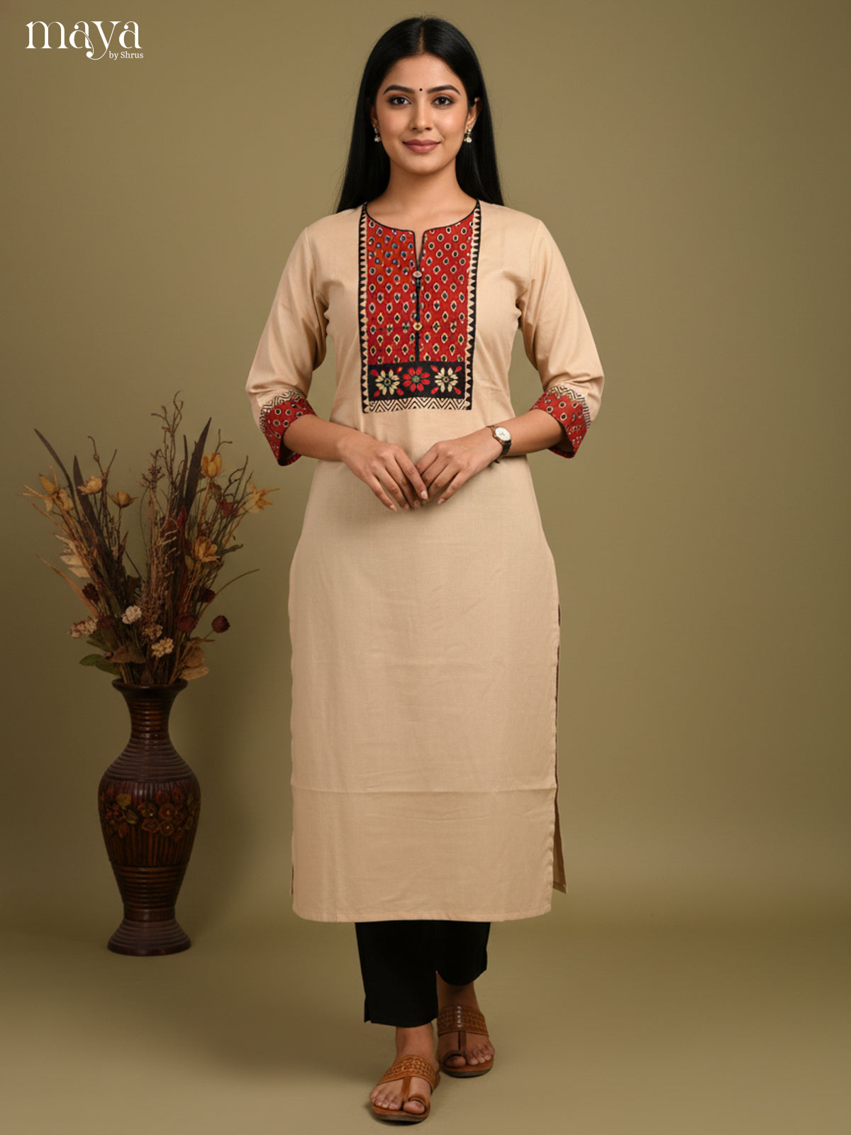 Beige & Red Readymade Kurti with ajrakh printed neck yoke