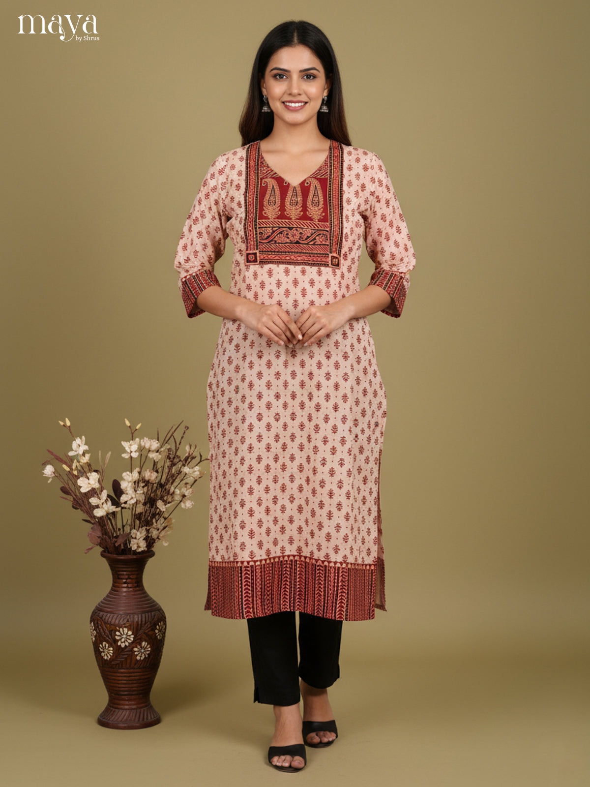 Cream & Red ajrakh printed Readymade Kurti