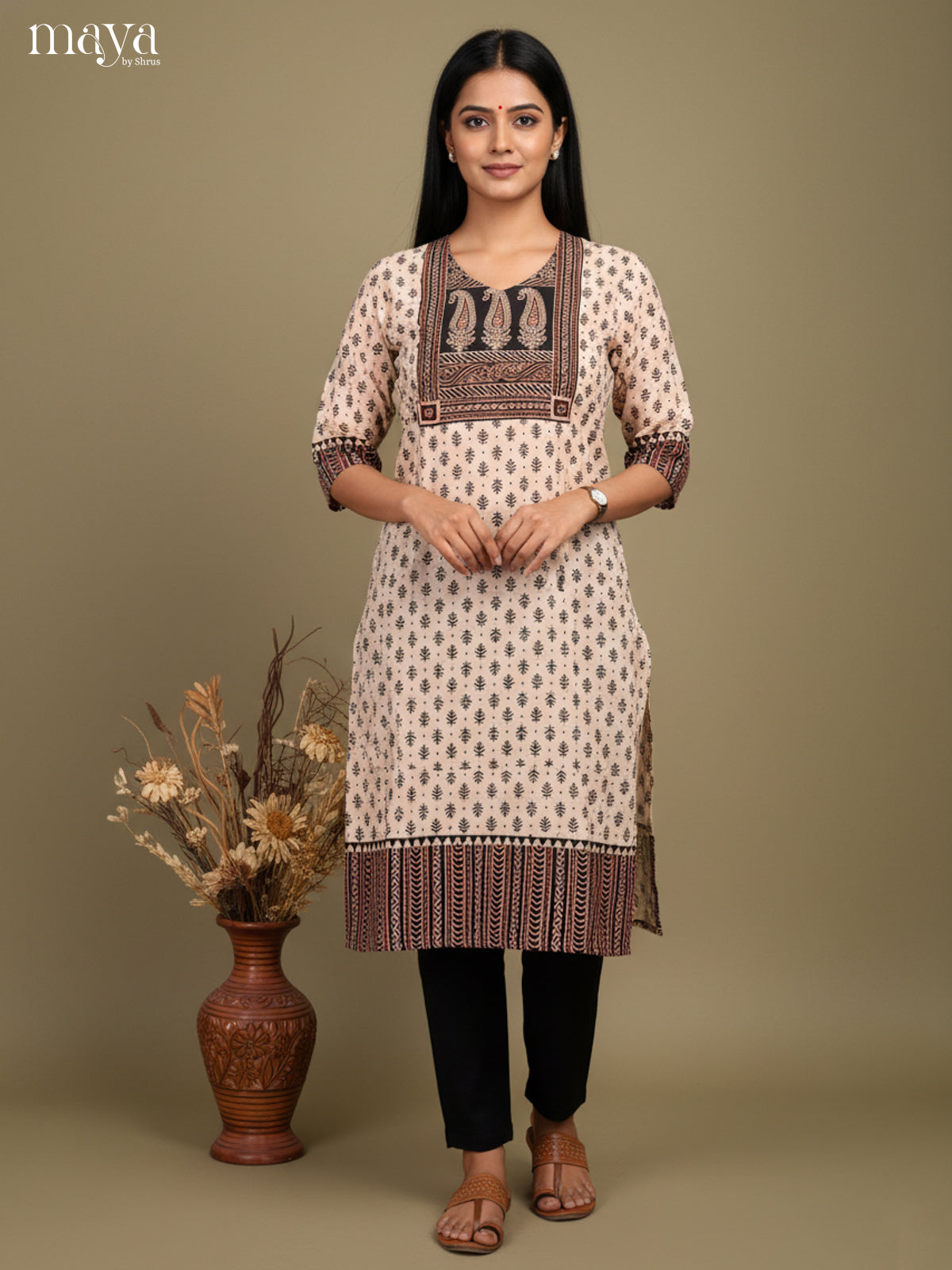 Cream & Black Ajrakh printed Readymade Kurti
