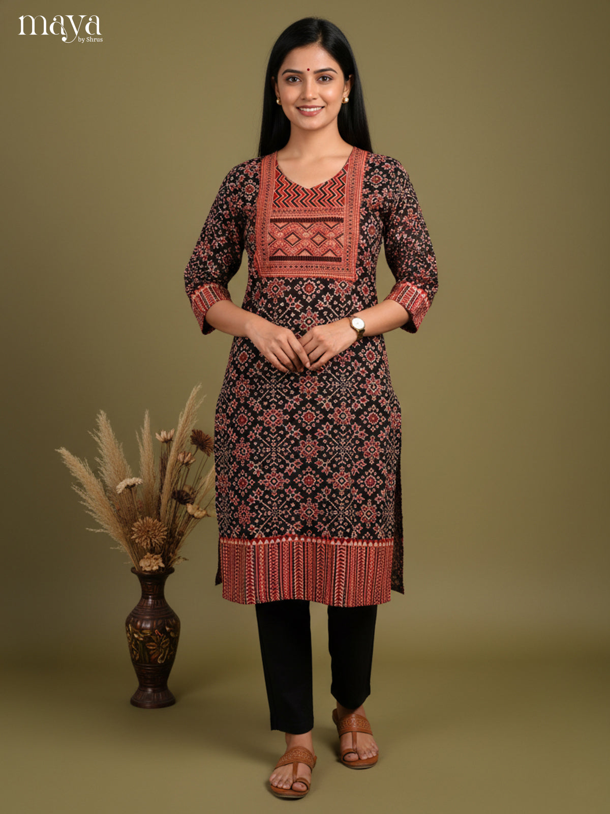 Black & Maroon ajrakh floral printed Readymade Kurti