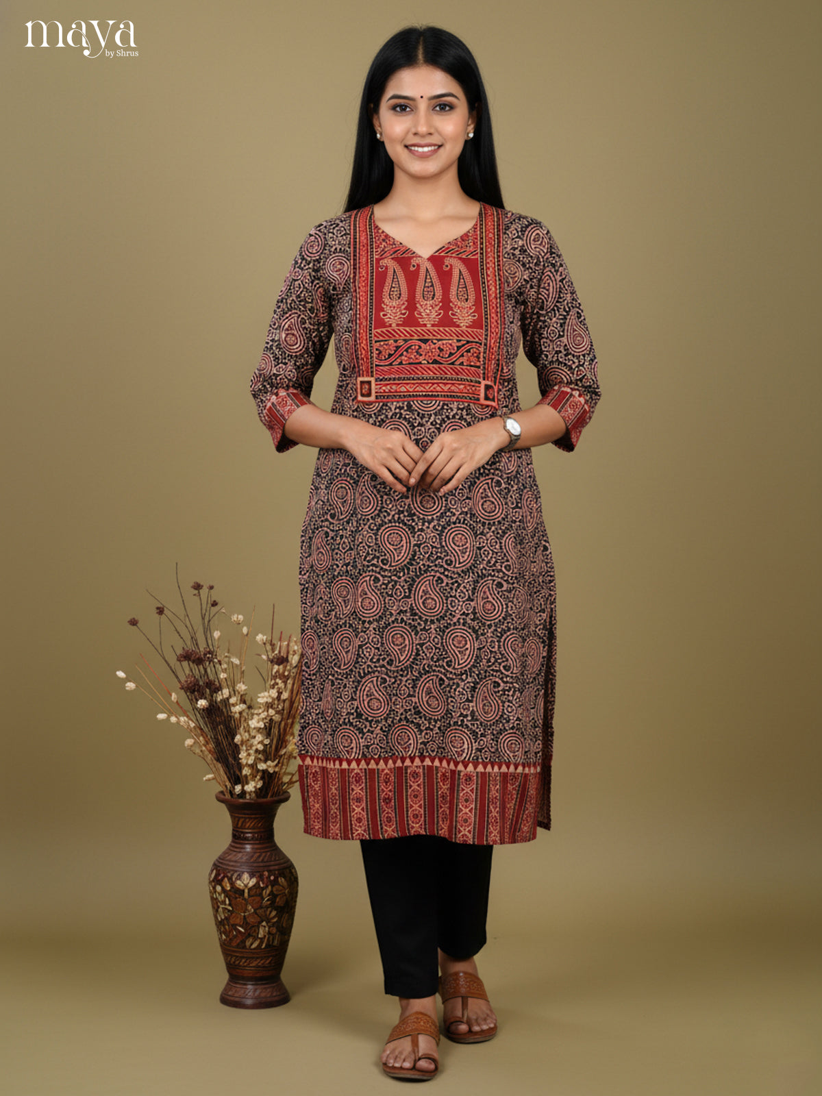 Black & Red paisleys ajrakh printed Readymade Kurti