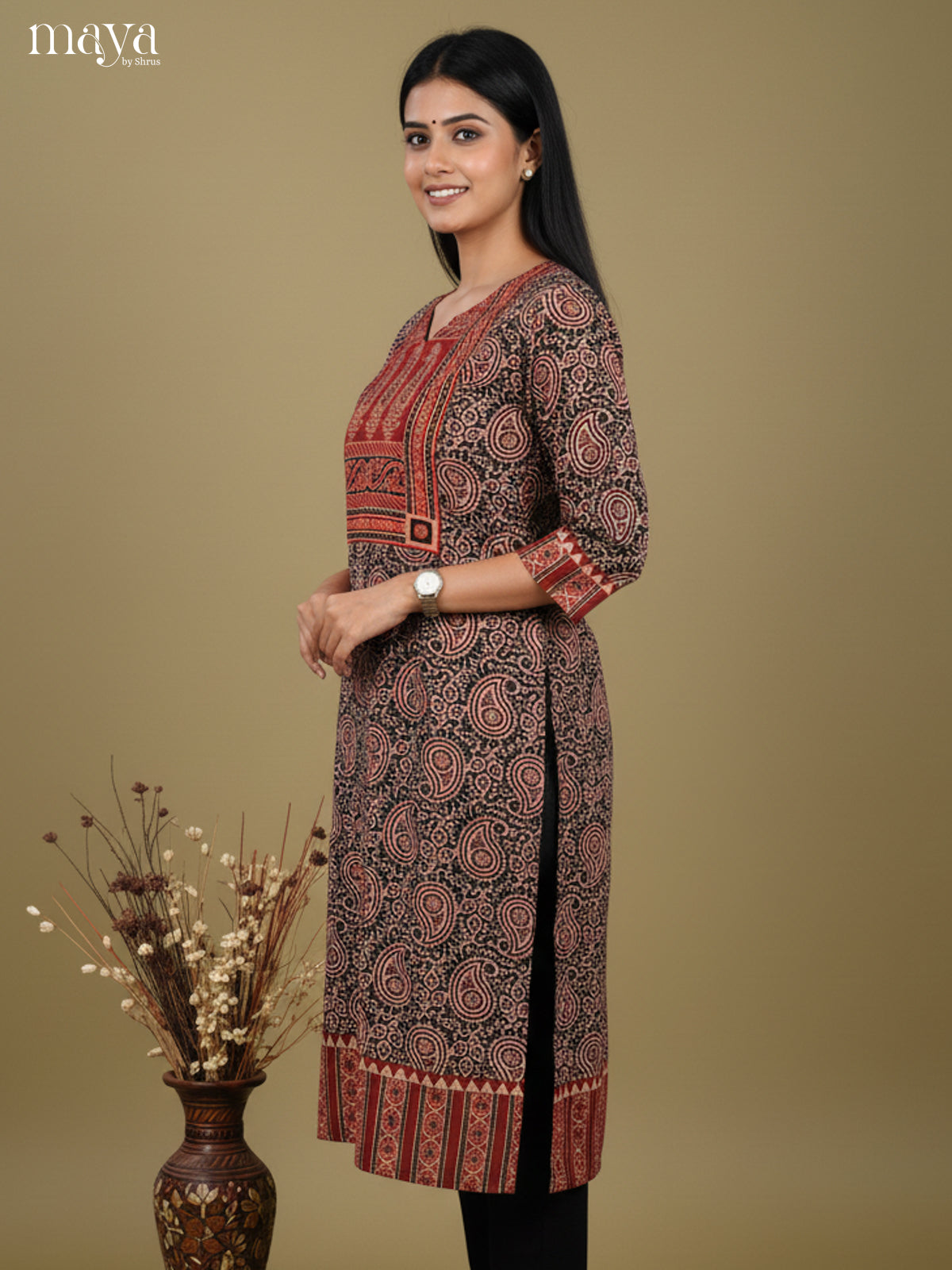 Black & Red paisleys ajrakh printed Readymade Kurti