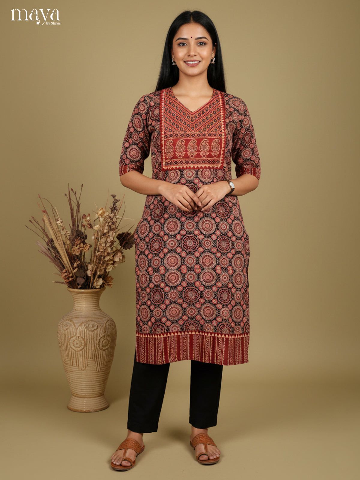 Black & Red ajrakh floral printed Readymade Kurti
