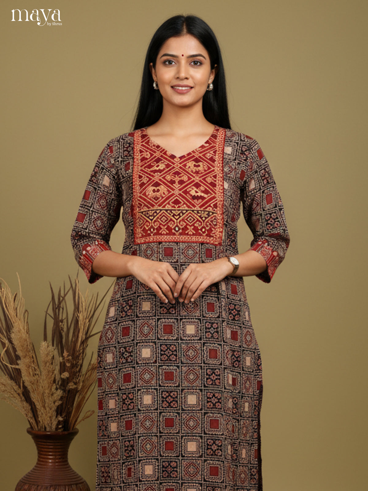 Black & Red ajrakh printed Readymade Kurti