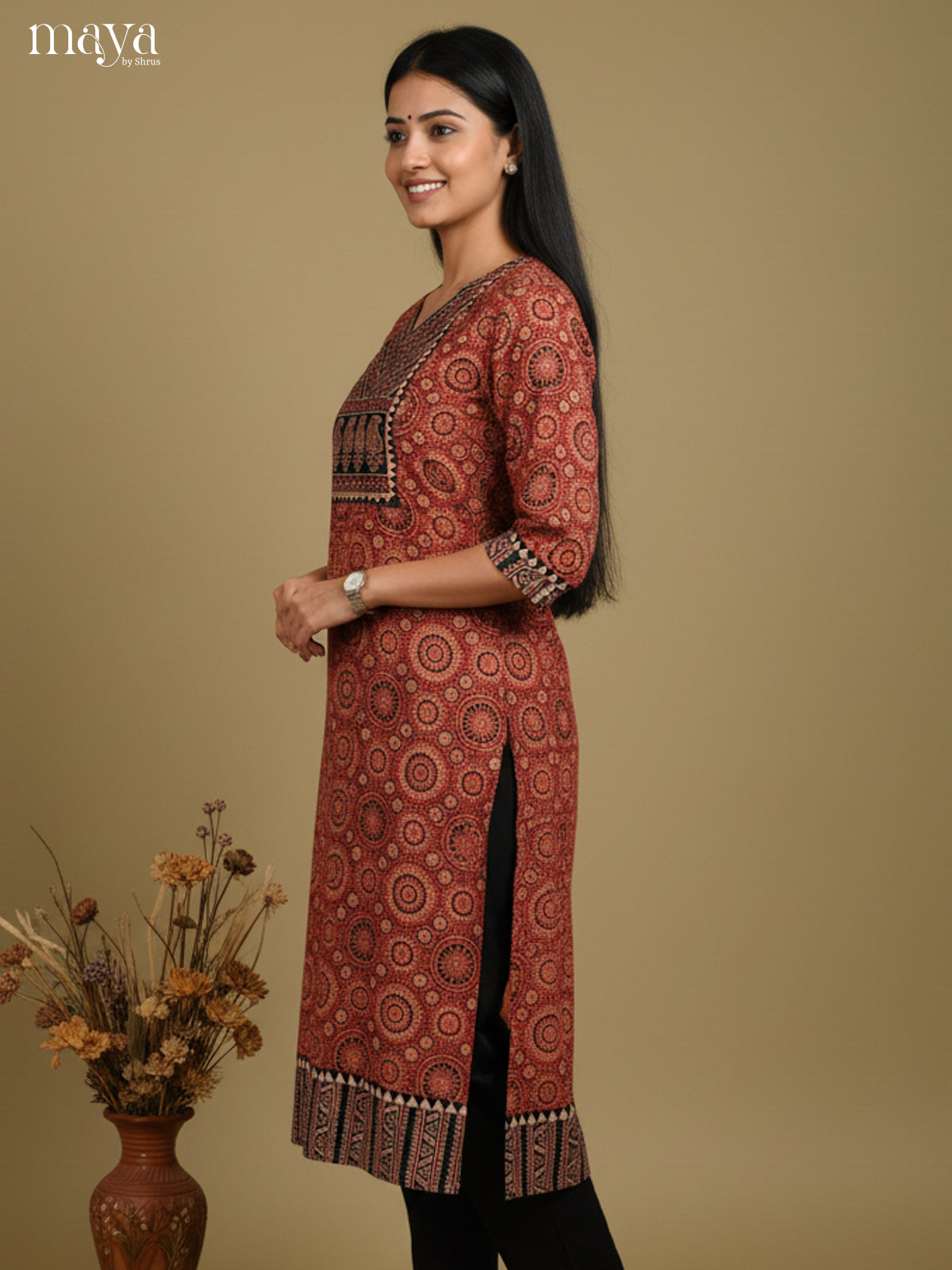 Brown & Black ajrakh floral printed Readymade Kurti